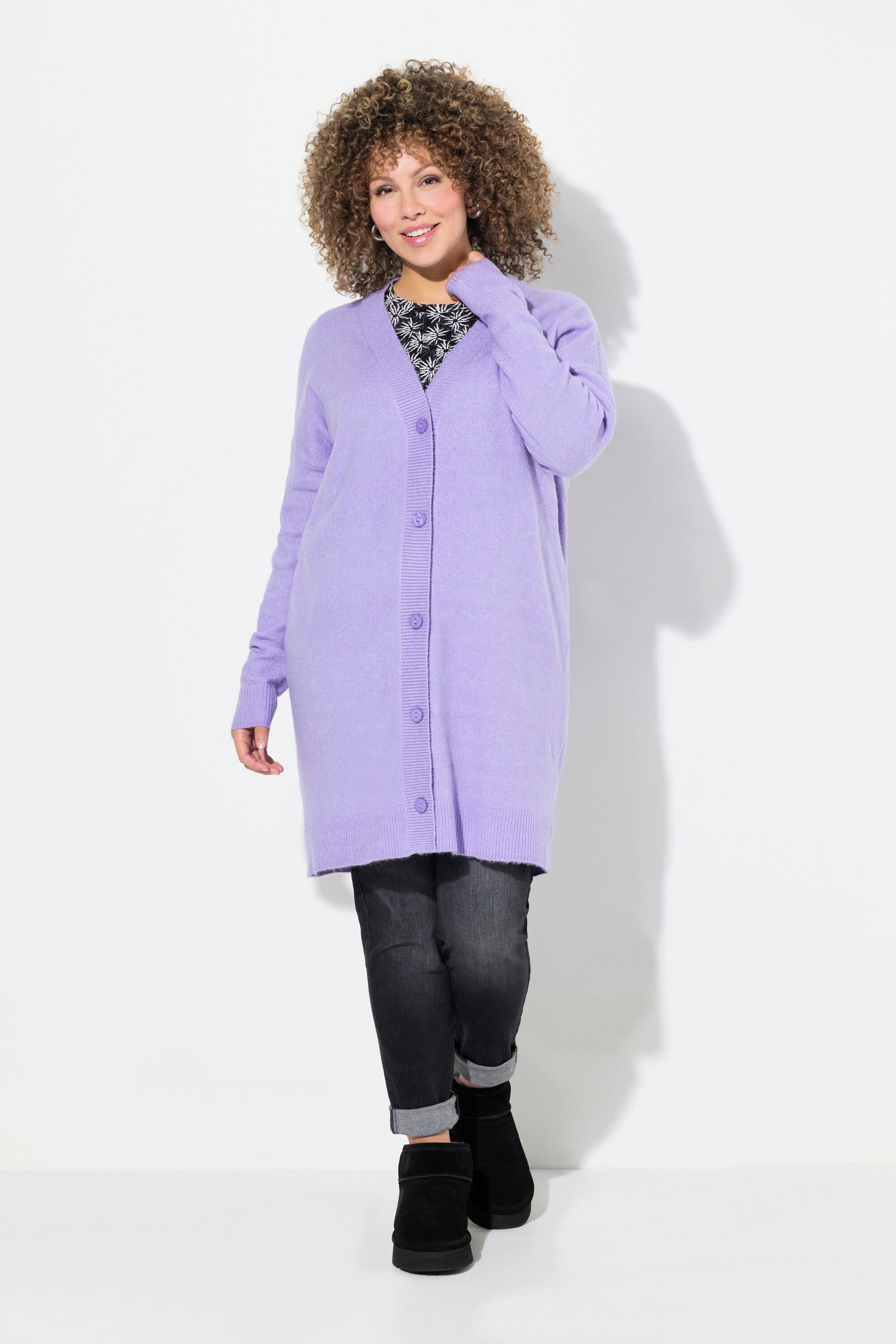 Ulla Popken Strickjacke Strickjacke Boxy Fit V-Ausschnitt Knopfleiste günstig online kaufen