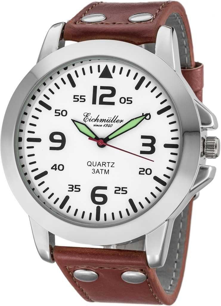 Eichmüller Quarzuhr Herrenuhr 45 mm Fliegeruhr mit weißem Zifferblatt RE1007, braunes Lederarmband