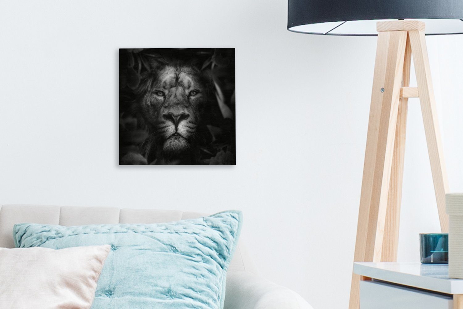 - (1 Leinwand OneMillionCanvasses® Bilder Tiere Löwe Wohnzimmer für Leinwandbild - Schlafzimmer Dschungel Weiß, - - St), Schwarz
