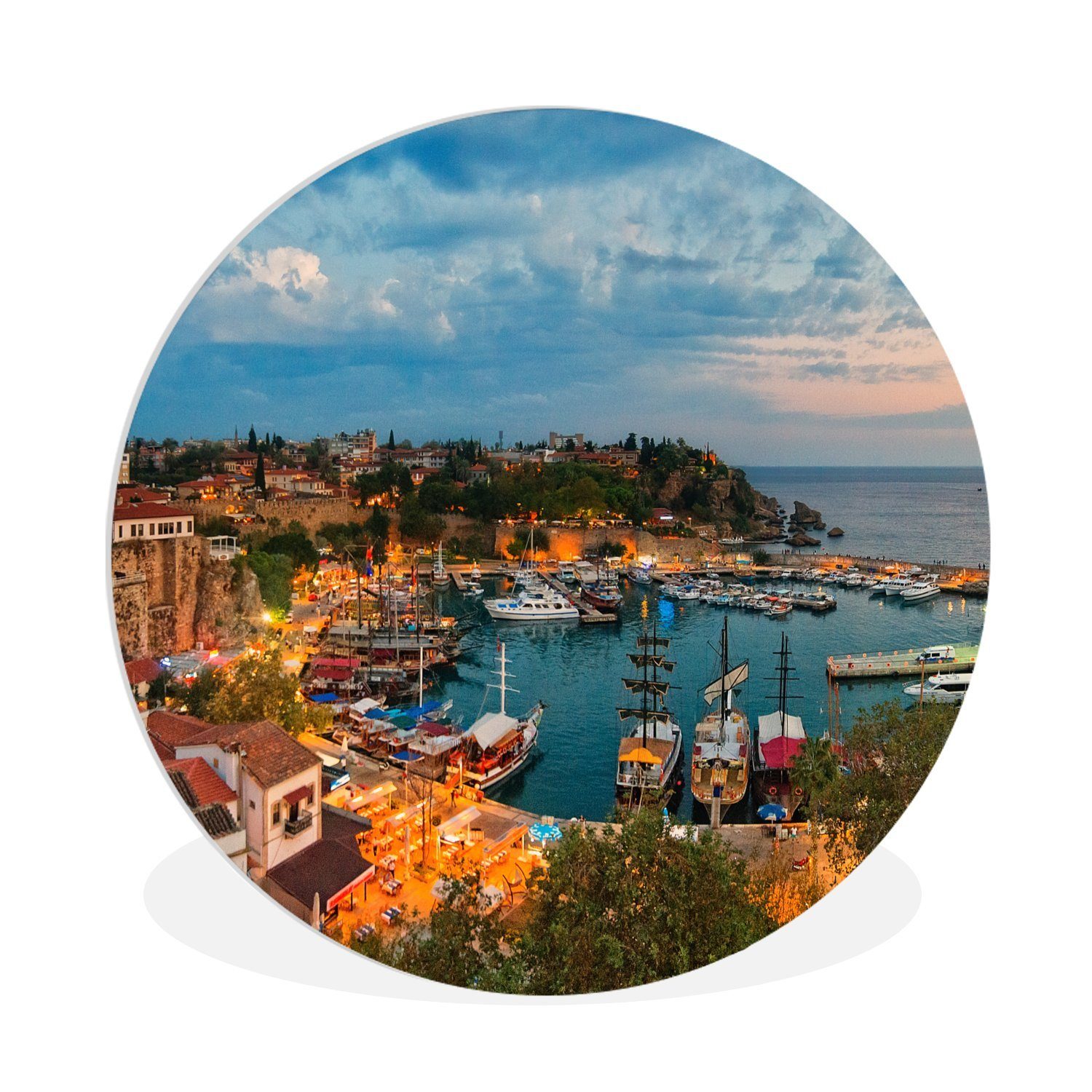 MuchoWow Gemälde Panorama des alten Stadthafens in Antalya bei Sonnenuntergang, (1 St), Kreis Wanddekoration Forex, Rundes Wandbild, Wohnzimmer, 30x30 cm | Gemälde