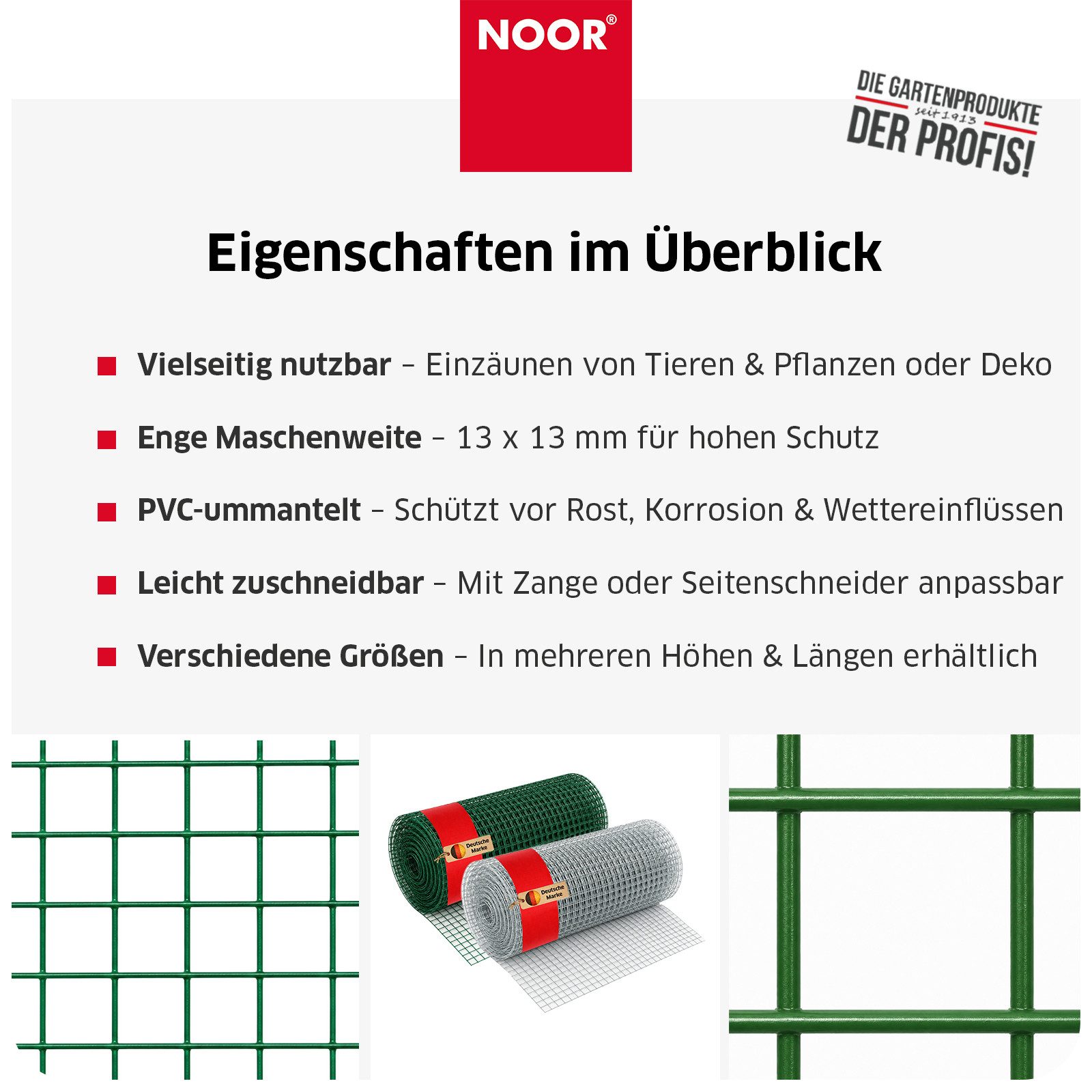 NOOR Maschendrahtzaun Drahtgitter - Pflanzenschutz in verschiedenen Größen und Maschenweiten, Robuster Drahtzaun - flexibel einsetzbar für Garten & Tierbereiche