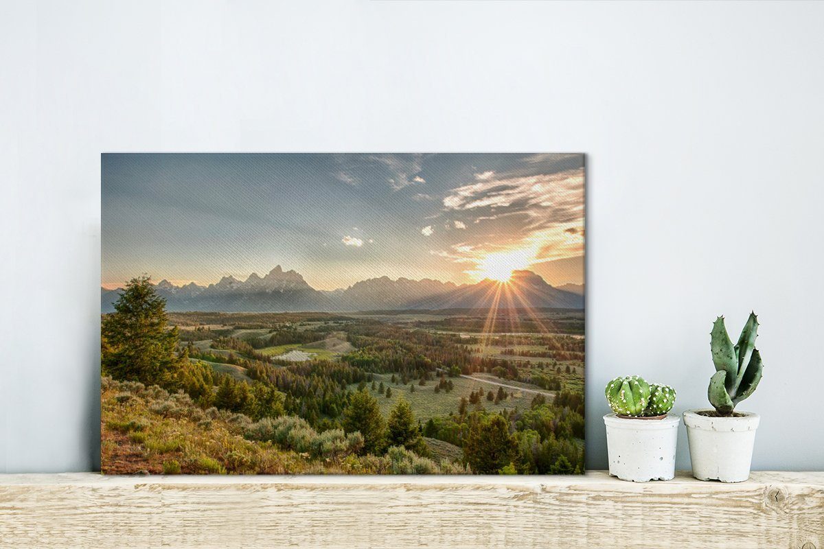 Wandbild Teton-Bergen hinter 30x20 strahlende Leinwandbilder, Die Wanddeko, Aufhängefertig, OneMillionCanvasses® (1 den Leinwandbild St), Vereinigten, cm in den Sonne