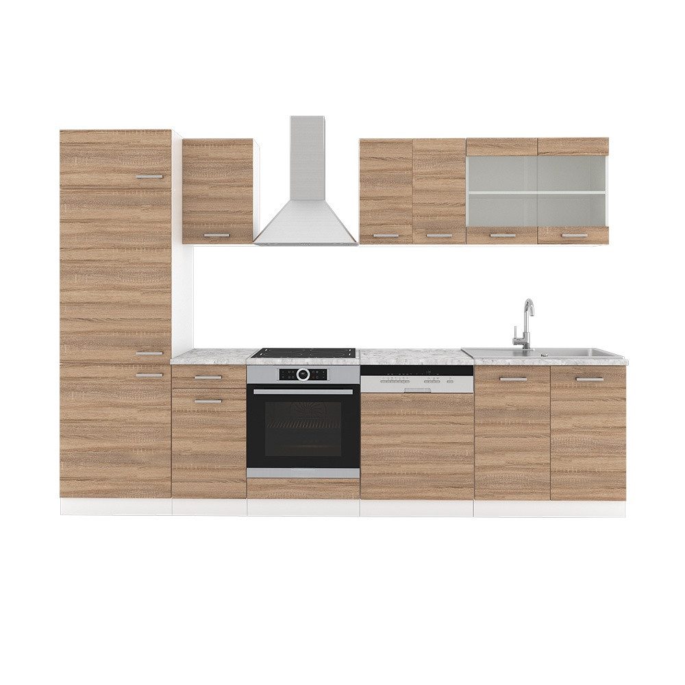 Vicco Küchenzeile R-Line, Sonoma/Weiß, 300 cm, AP Marmor