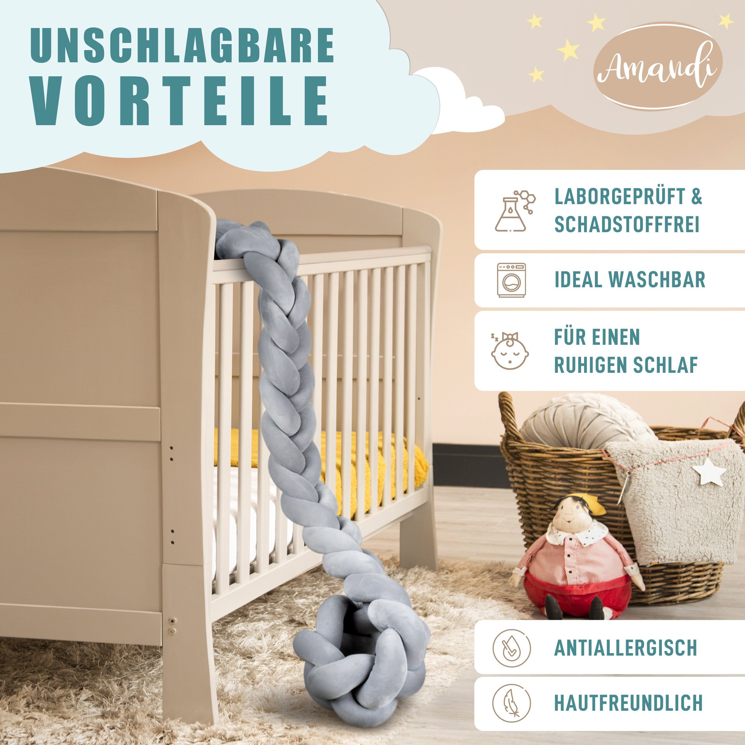 Amandi Bettnestchen - Bettschlange - 2m Bettumrandung fürs Babybett - laborgeprüft, - Babynest geflochten - Sichere Bettumrandung