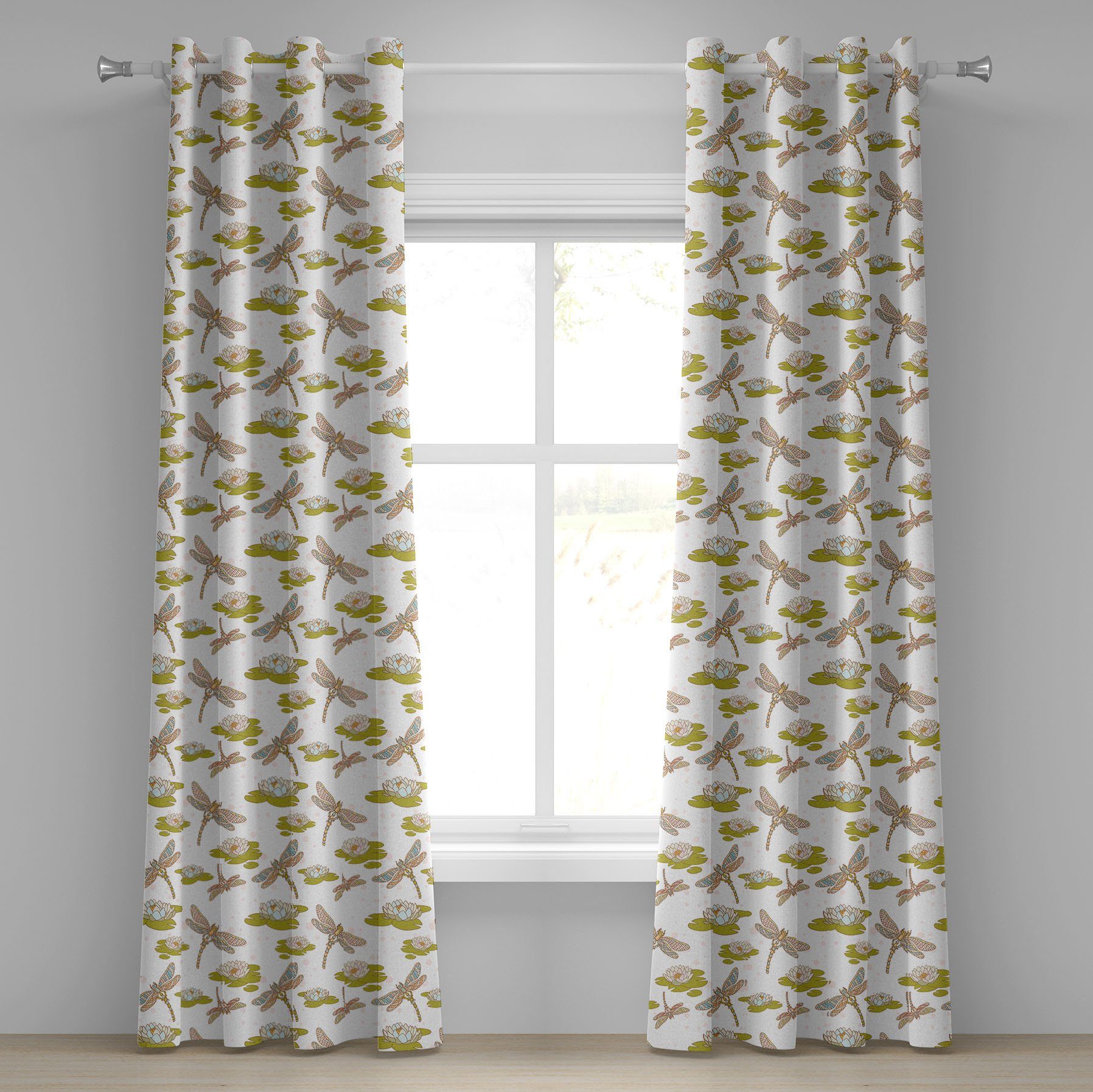 Gardine Dekorative 2-Panel-Fenstervorhänge für Schlafzimmer Wohnzimmer, Abakuhaus, Libelle Lotus Blume