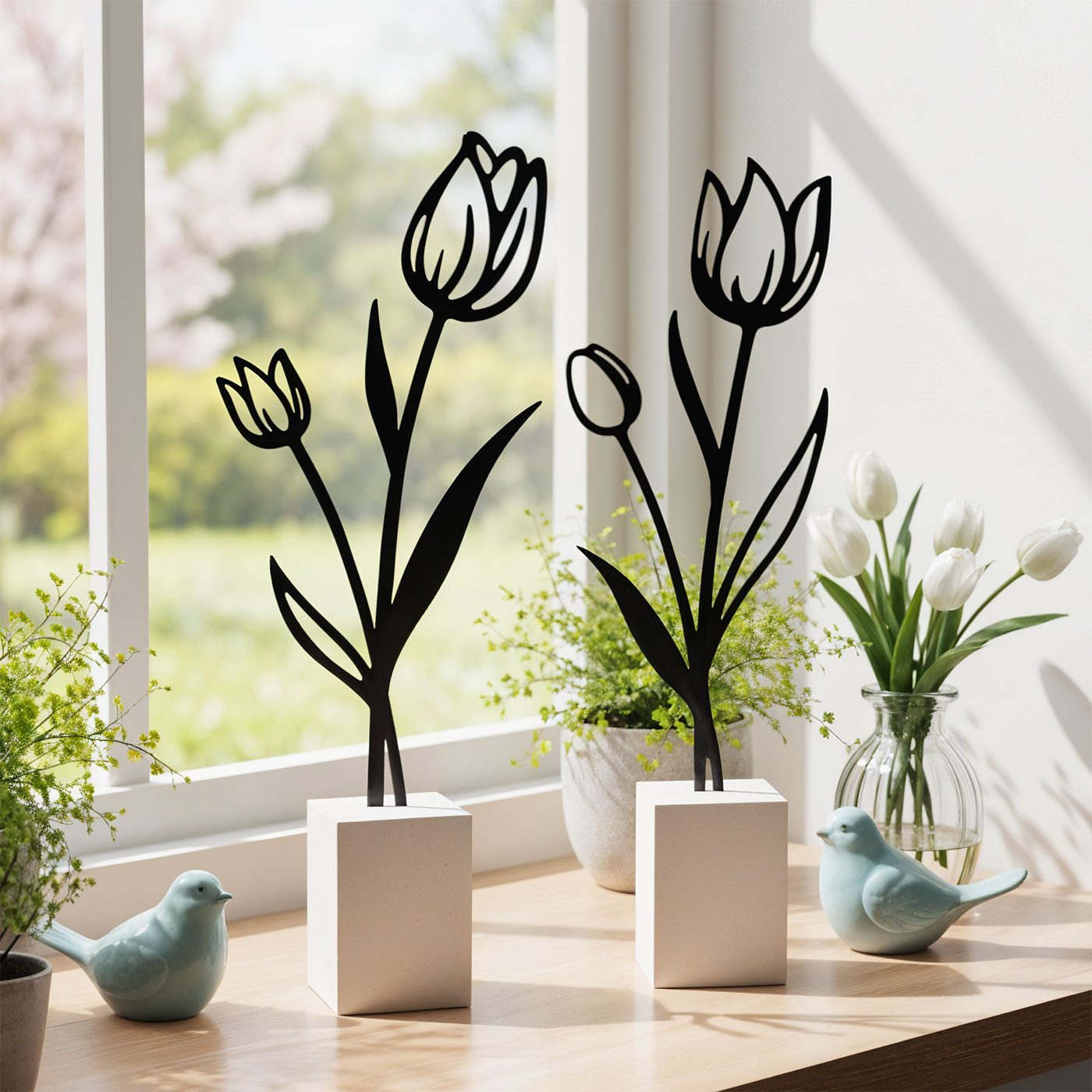 Levandeo® Dekoobjekt 2er Set Metall Blume Tulpe Schwarz Beton Grau Draht Deko Aufsteller Ti – Bild 4 von 5