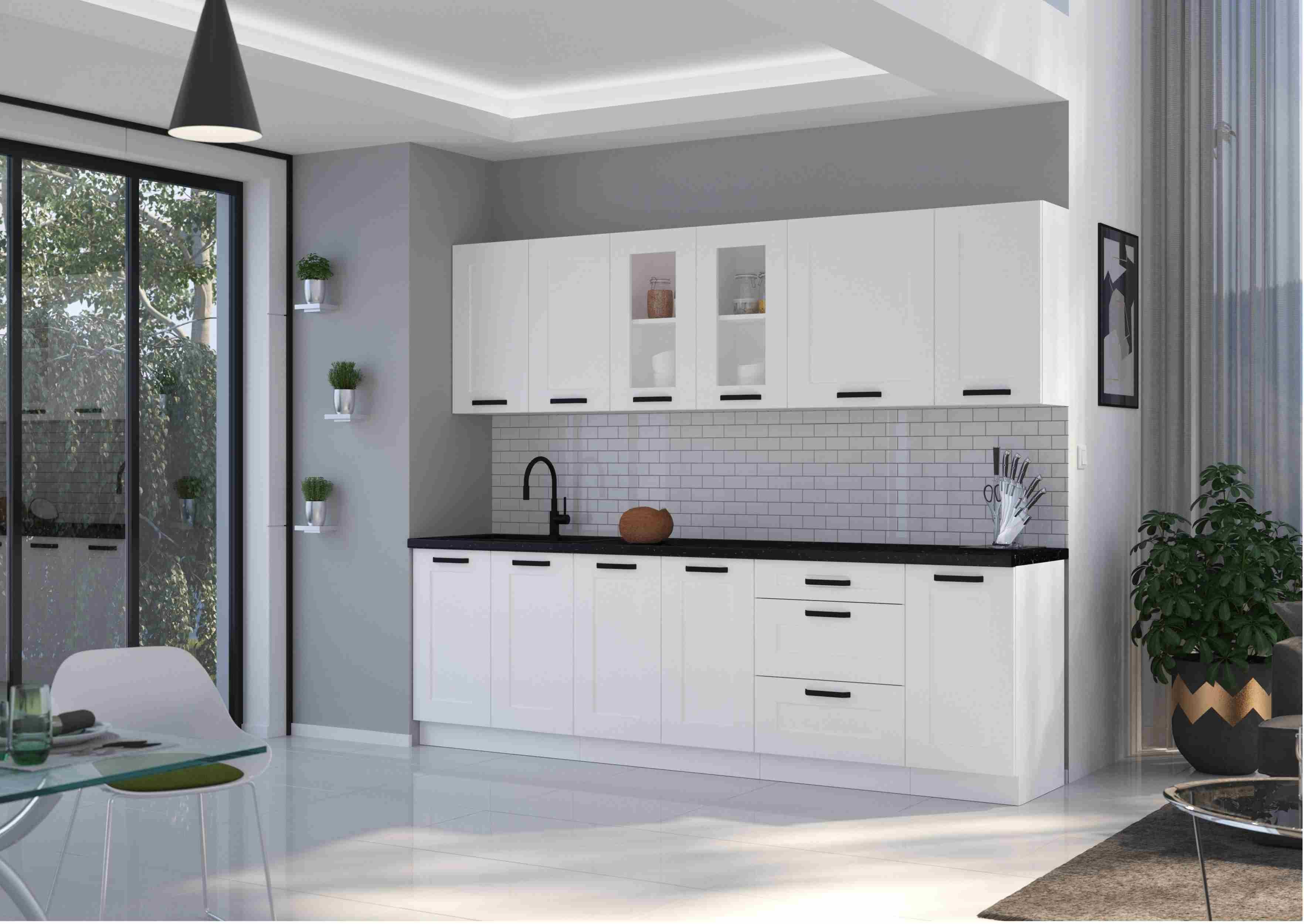 Furnix Küchenzeile Isladora Küchenmöbel-Set 260 cm Einbau-Küche im Landhaus Design, Maße 260x85,8x60 cm Höhe max nach Montage, ästhetisch & zeitlos