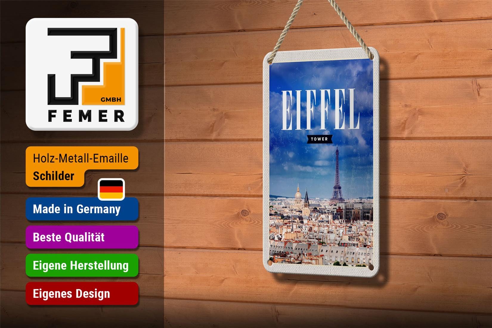 Femer GmbH Metallschild Reise 12x18cm Eiffel tower Panorama Bild Retro Schild, (1 St), gewölbte Oberfläche, abgerundete Ecken, umgeschlagene Kanten