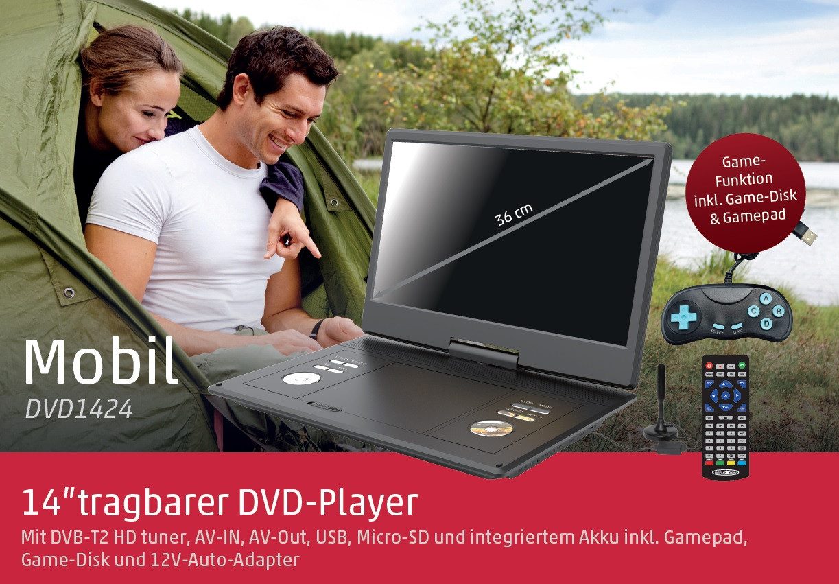 Reflexion DVD1424 Portabler DVD-Player (DVB-T2 HD Tuner, integrierter Akku, 12V Auto Adpater, Game-Disk)