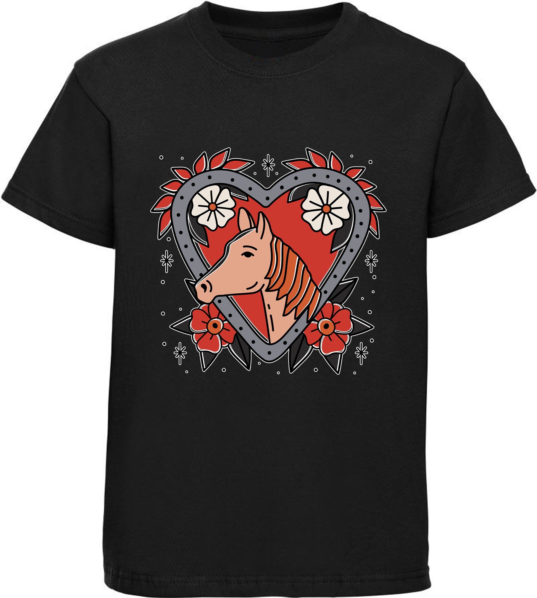 MyDesign24 Print-Shirt bedrucktes Mädchen T-Shirt mit Pferd im Blumenherz Baumwollshirt mit Aufdruck, weiß, schwarz, rot, rosa, i137