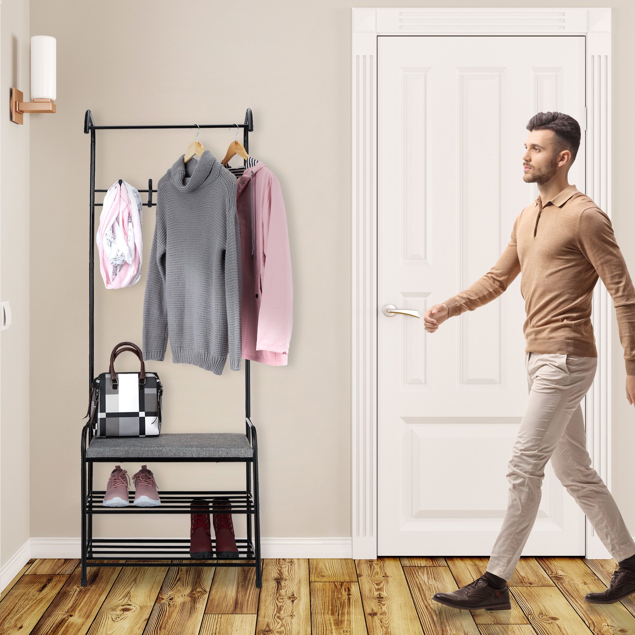 relaxdays Garderobenständer Garderobe mit Schuhablage & Sitzbank, grau