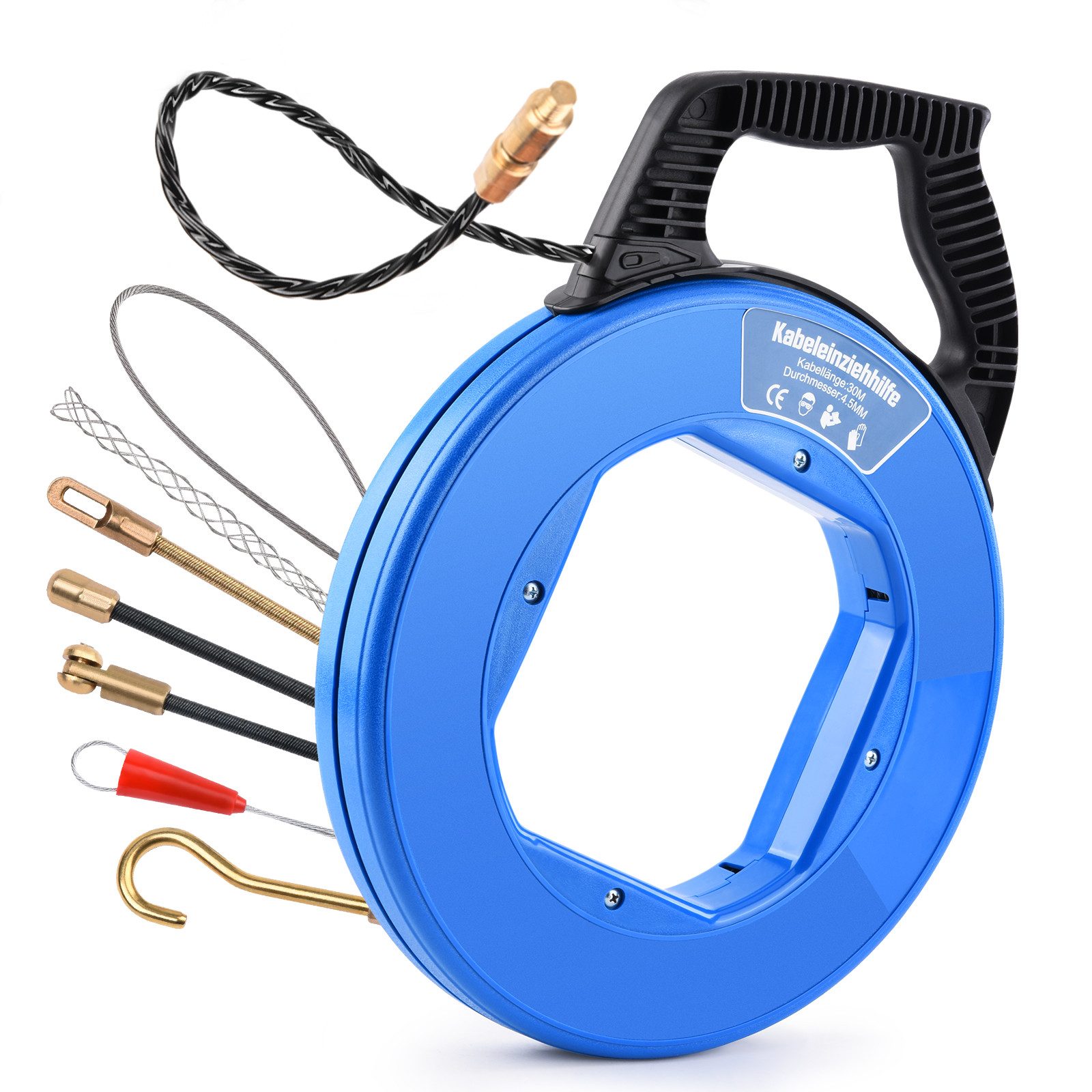 XERSEK Kabelführung Kabeleinziehhilfe 4,5mm Einziehspirale inkl. 7 Adapter Einziehhilfe (Einziehfeder Kabelzieher für Leerrohre), Zugdraht, Kabel & Elektroinstallationen