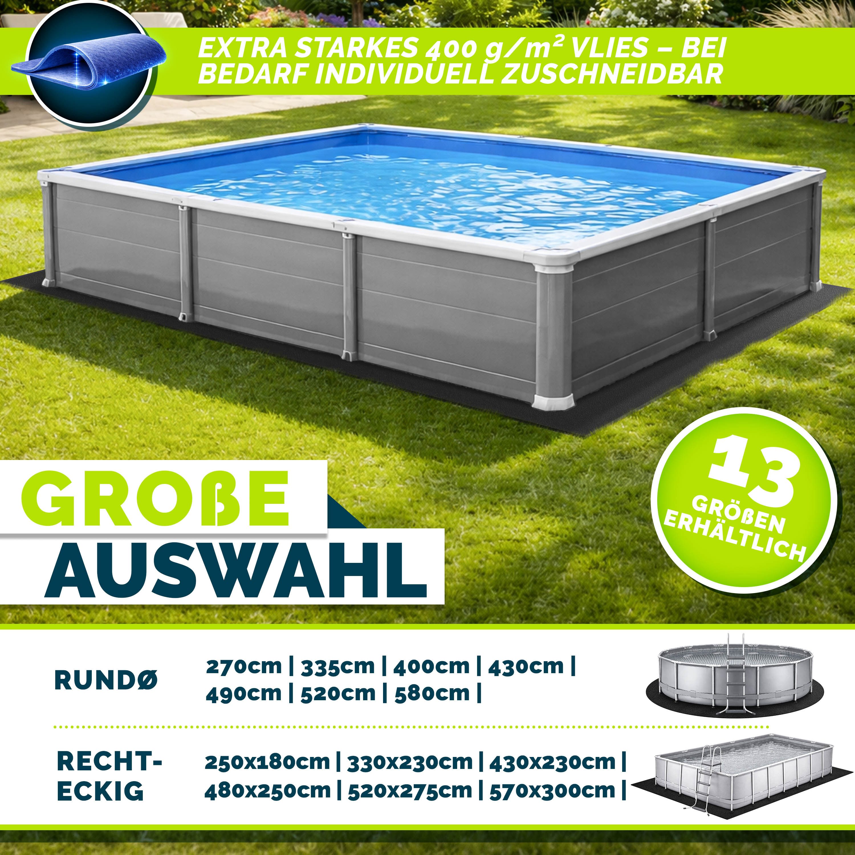 tillvex Bodenschutzplane tillvex® Premium Pool Unterlage Geotextil 400g/m², Bodenplane für (Schwimmbecken Reißfeste Poolunterlage Bodenschutzmatte, Geotextil Bo – Bild 2 von 5