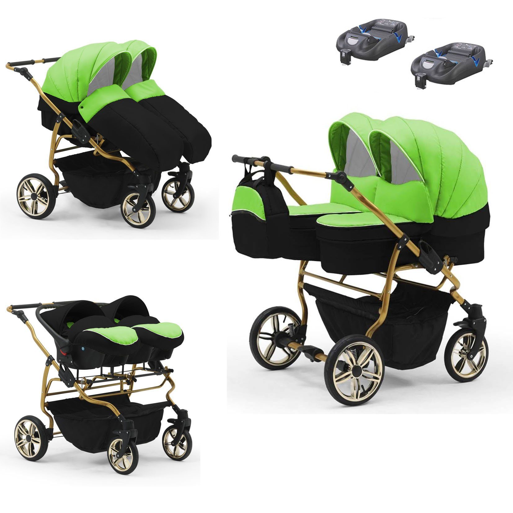 babies-on-wheels Zwillingswagen Zwillingswagen Duet Lux Gold 4 in 1 - 15 Teile - in 33 Farben Lime-Schwarz