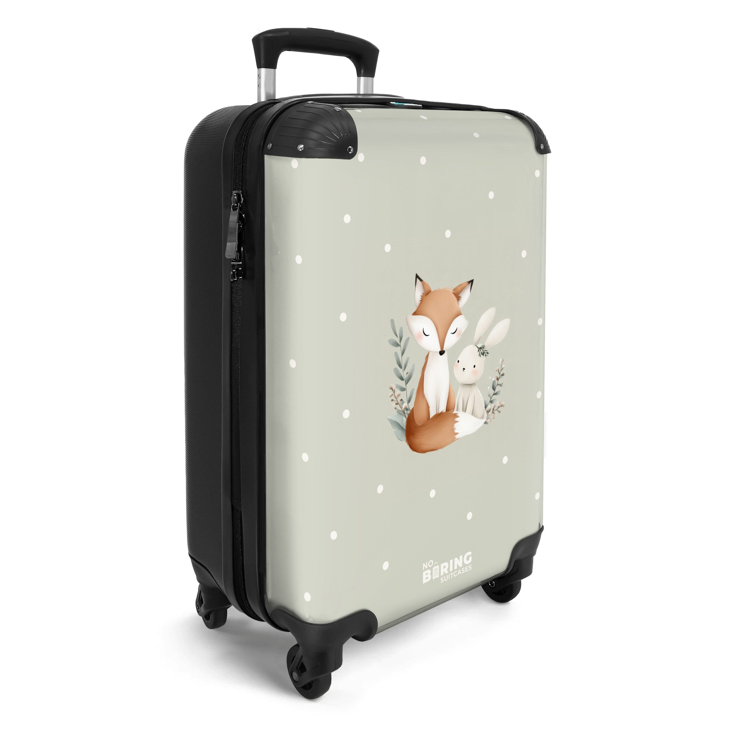 NoBoringSuitcases.com© Kinderkoffer Fuchs und Kaninchen umgeben von grünen Blättern und Punkten 55x35x20cm, 4 Rollen, Kinder Koffer Klein, Trolley Handgepäck, Reisekoffer