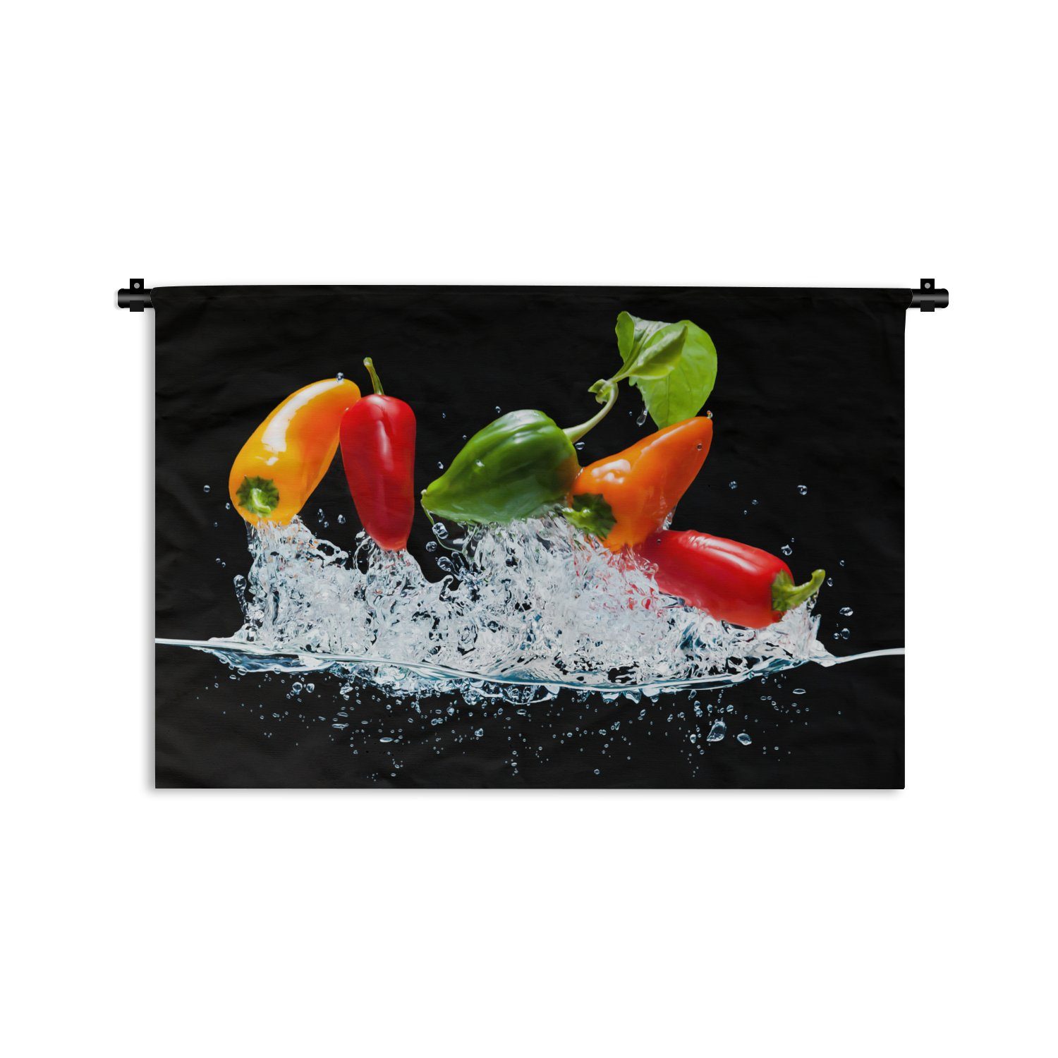 MuchoWow Wanddekoobjekt Paprika - Schwarz - Gemüse - Wasser - Blatt, Wanddeko für Wohnzimmer, Schlafzimmer, Kleid, Wandbehang, Kinderzimmer