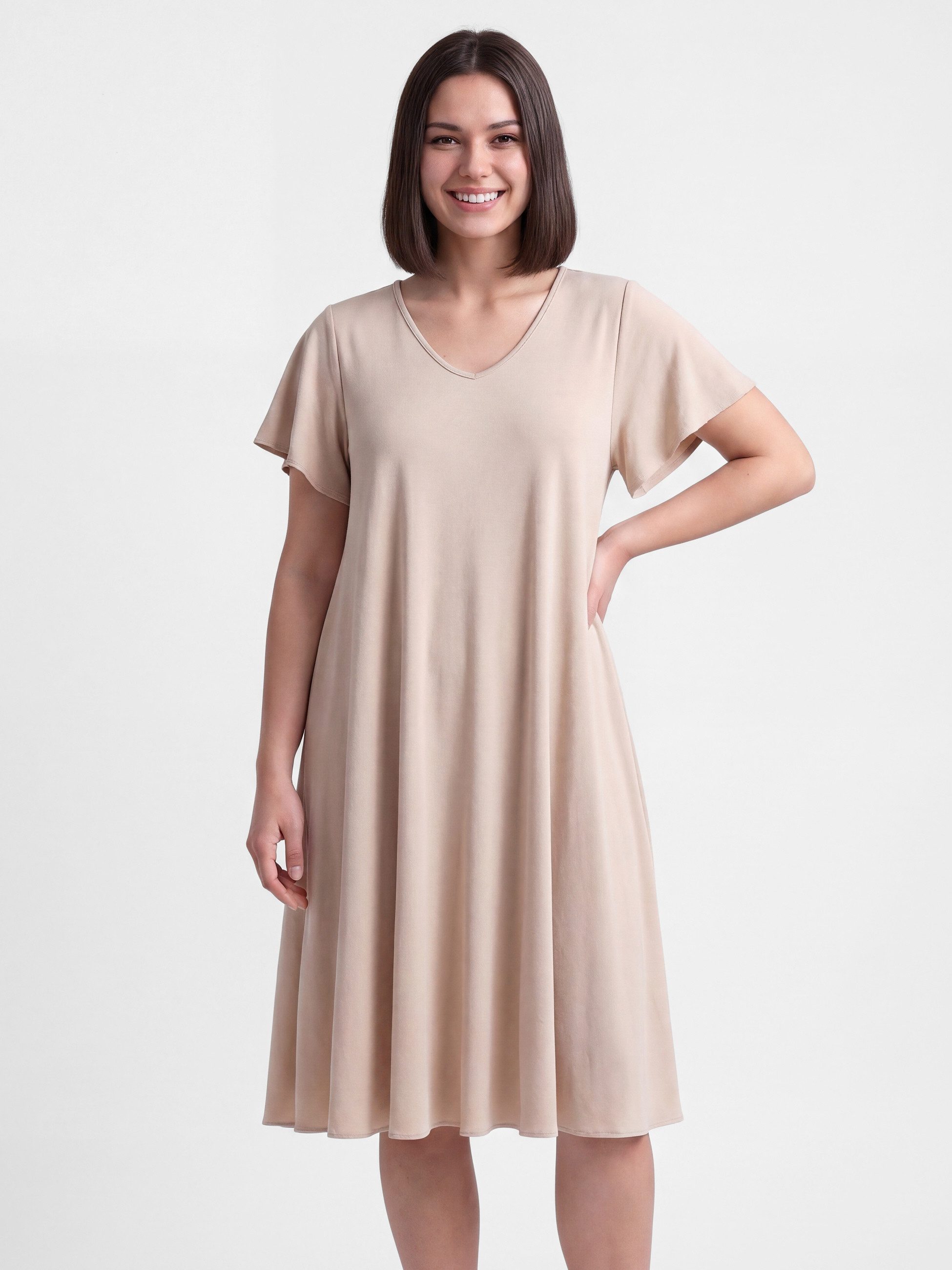 PEKIVESSA Sommerkleid Knielanges Freizeitkleid in Glockenform mit V-Ausschnitt mit verspielten Flügelärmeln