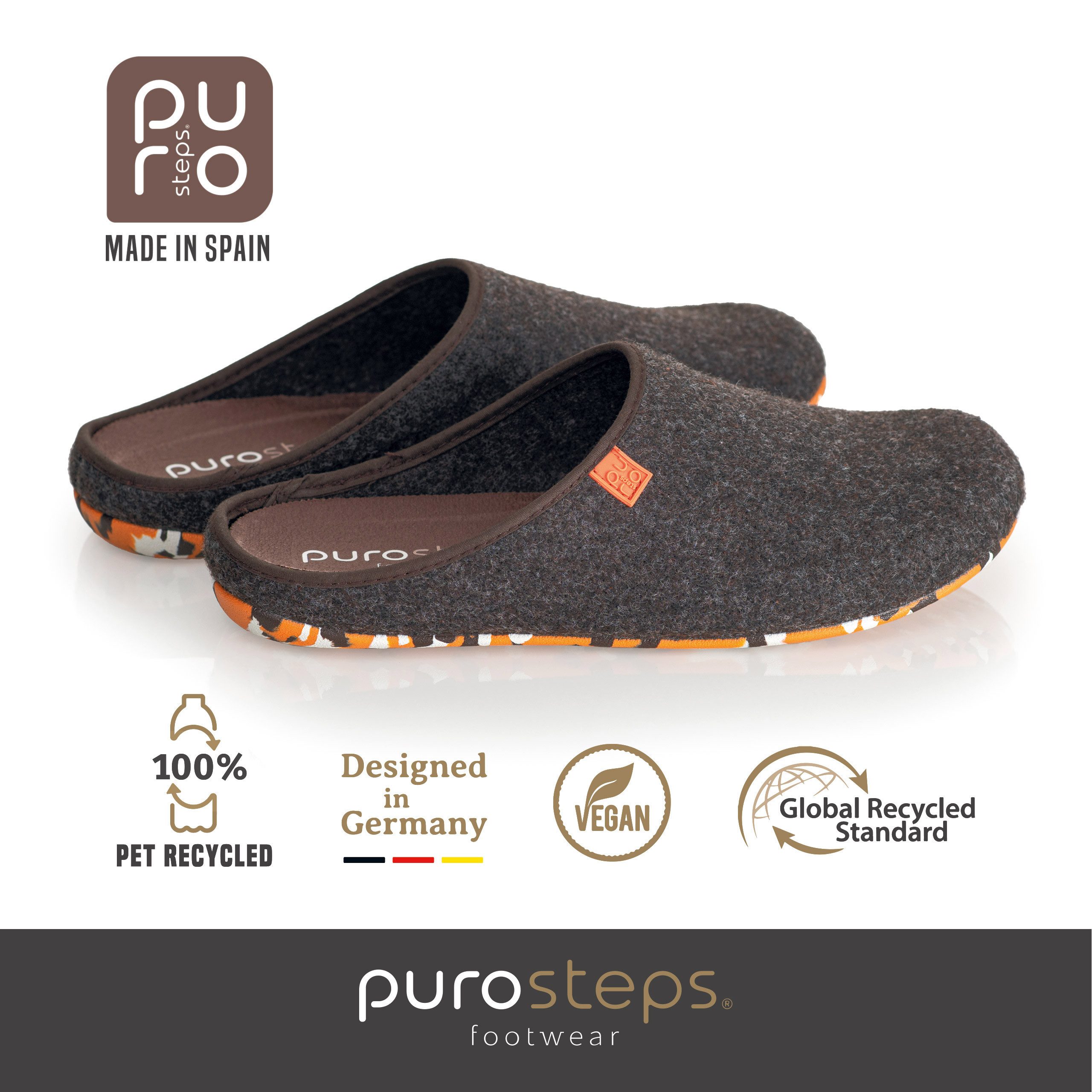 purosteps Fieltro-Eco Hausschuh Hergestellt aus recycelten PET Flaschen, Handgefertigt, Naturkautschuk