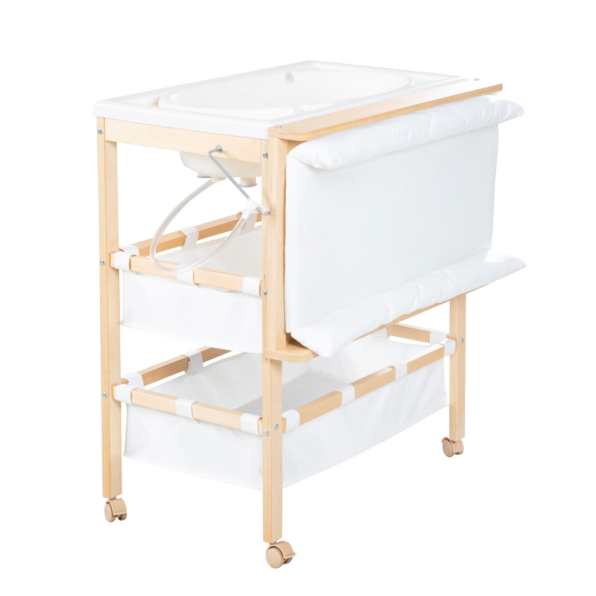 roba® Bade- und Wickelkombination Baby Pool, klappbarer Tisch mit Wanne, Holz natur, Wickelauflage weiß
