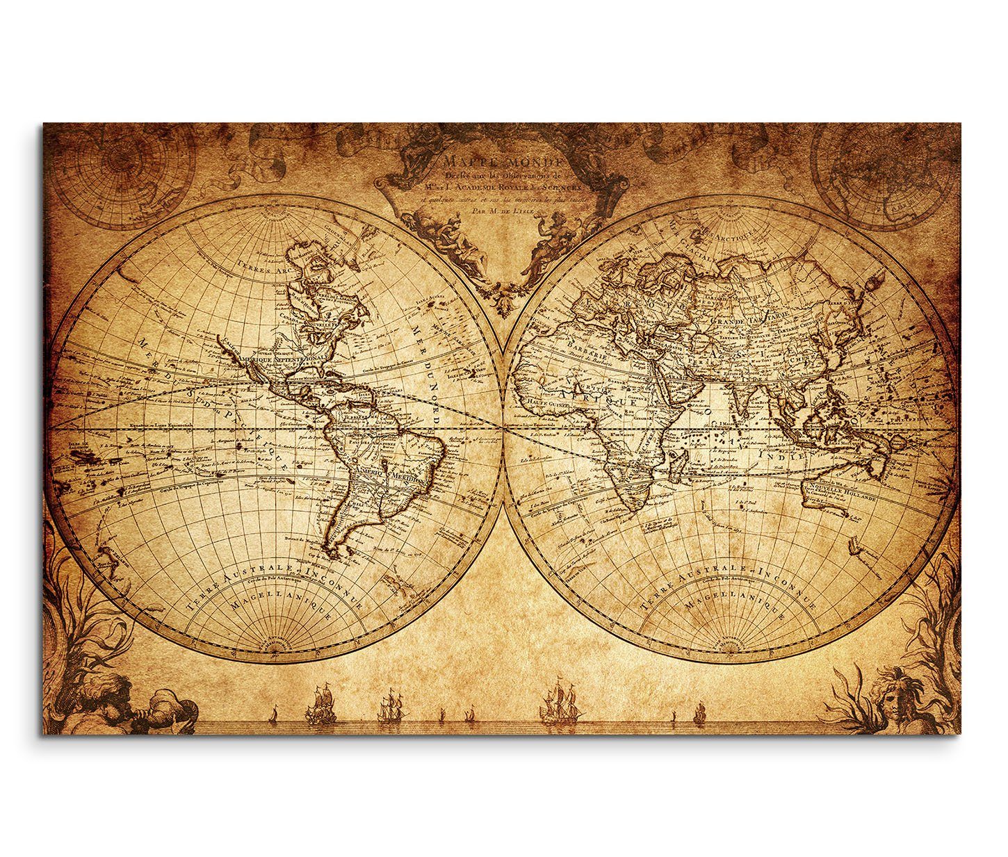 Sinus Art Leinwandbild 120x80cm Wandbild Vintage Weltkarte von 1733