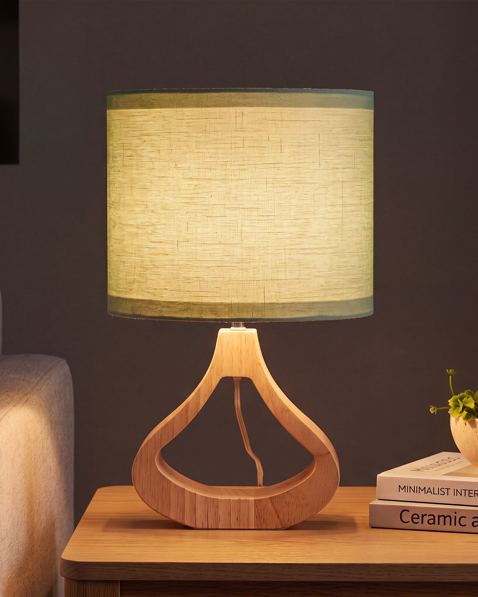 EDISHINE Nachttischlampe Höch 34cm Holz, Holzdeko, LED wechselbar, warmweiß, Lampe mit Ein-/Ausschalter, E27 Fassung mit 2700K LED-Glühbirne