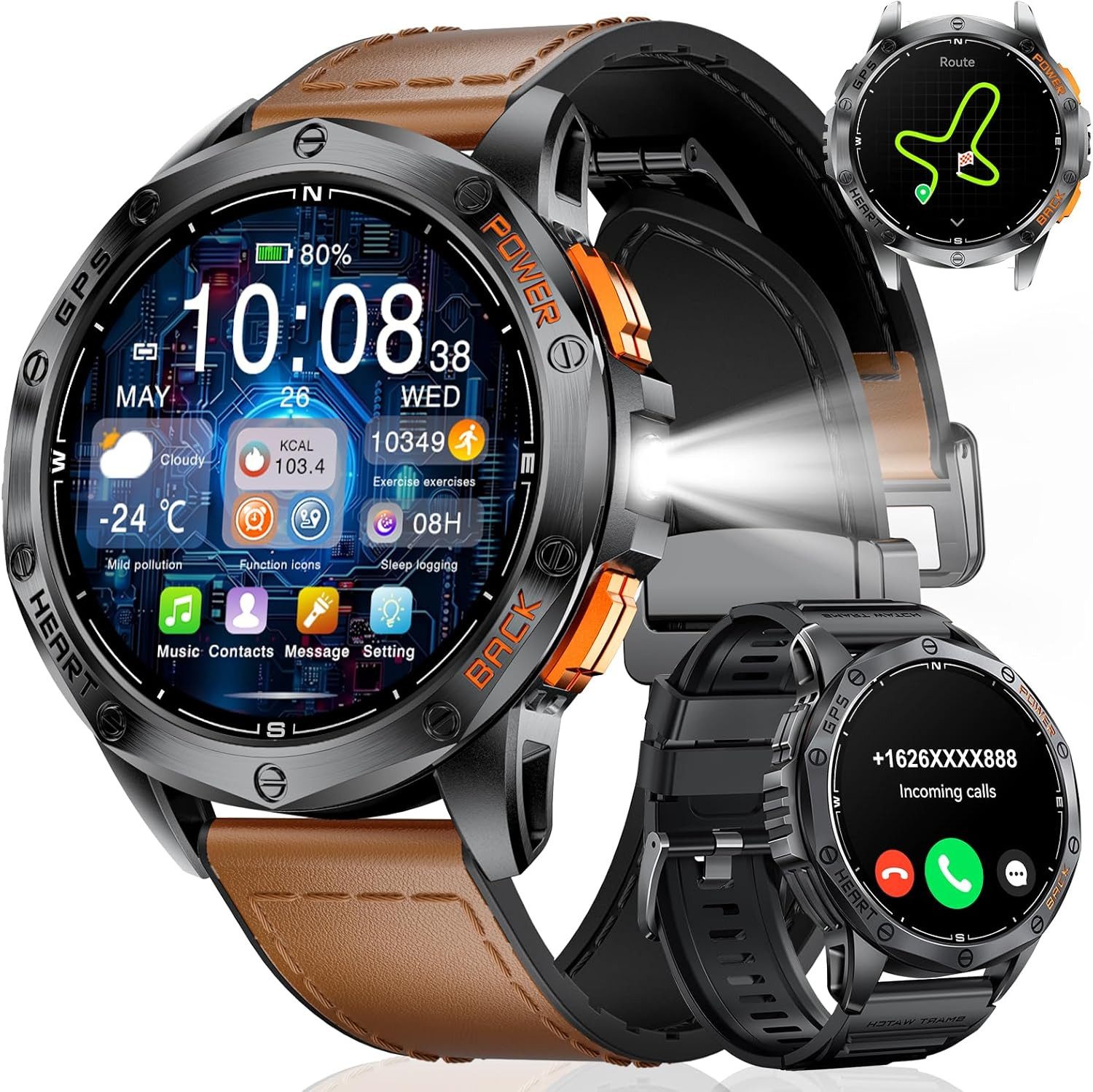 Lige GPS Militär Uhr mit Telefonfunktion, Kompass und starkem Akku Smartwatch (3.6 cm/1,43 Zoll, Android iOS), Robuste GPS Uhr mit Anrufannahme, Schlafüberwachung und 180 Modi