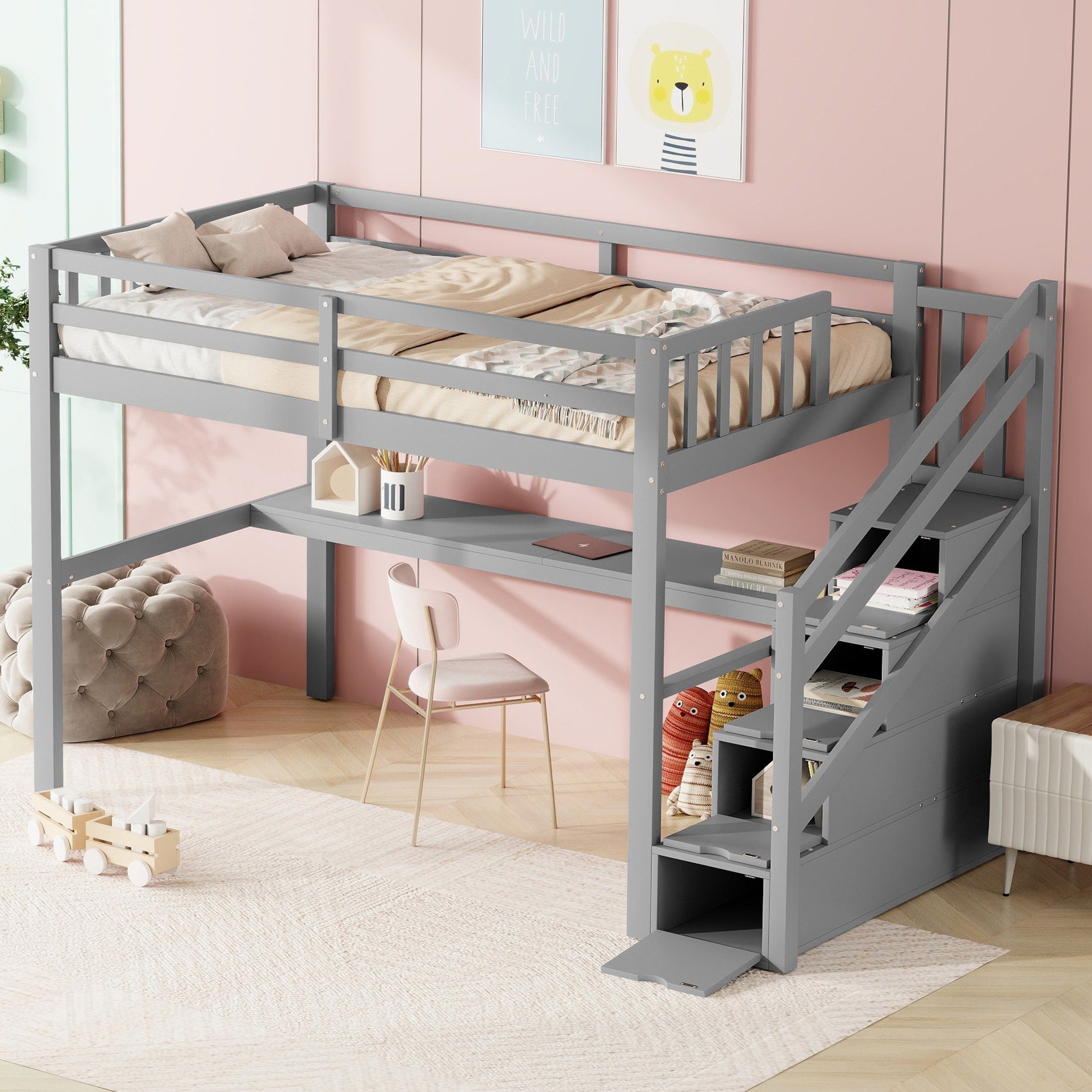 Ulife Hochbett Kinderbett Massivholz Etagenbett mit Treppe und Schreibtisch,90×200cm Grau