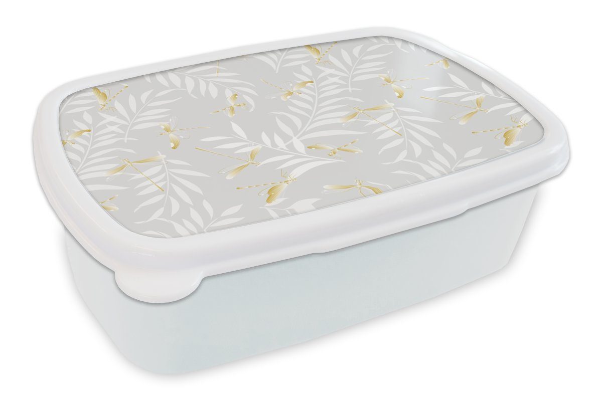 MuchoWow Lunchbox Libelle - Muster - Gold, Kunststoff, (2-tlg), Brotbox für Kinder und Erwachsene, Brotdose, für Jungs und Mädchen weiß