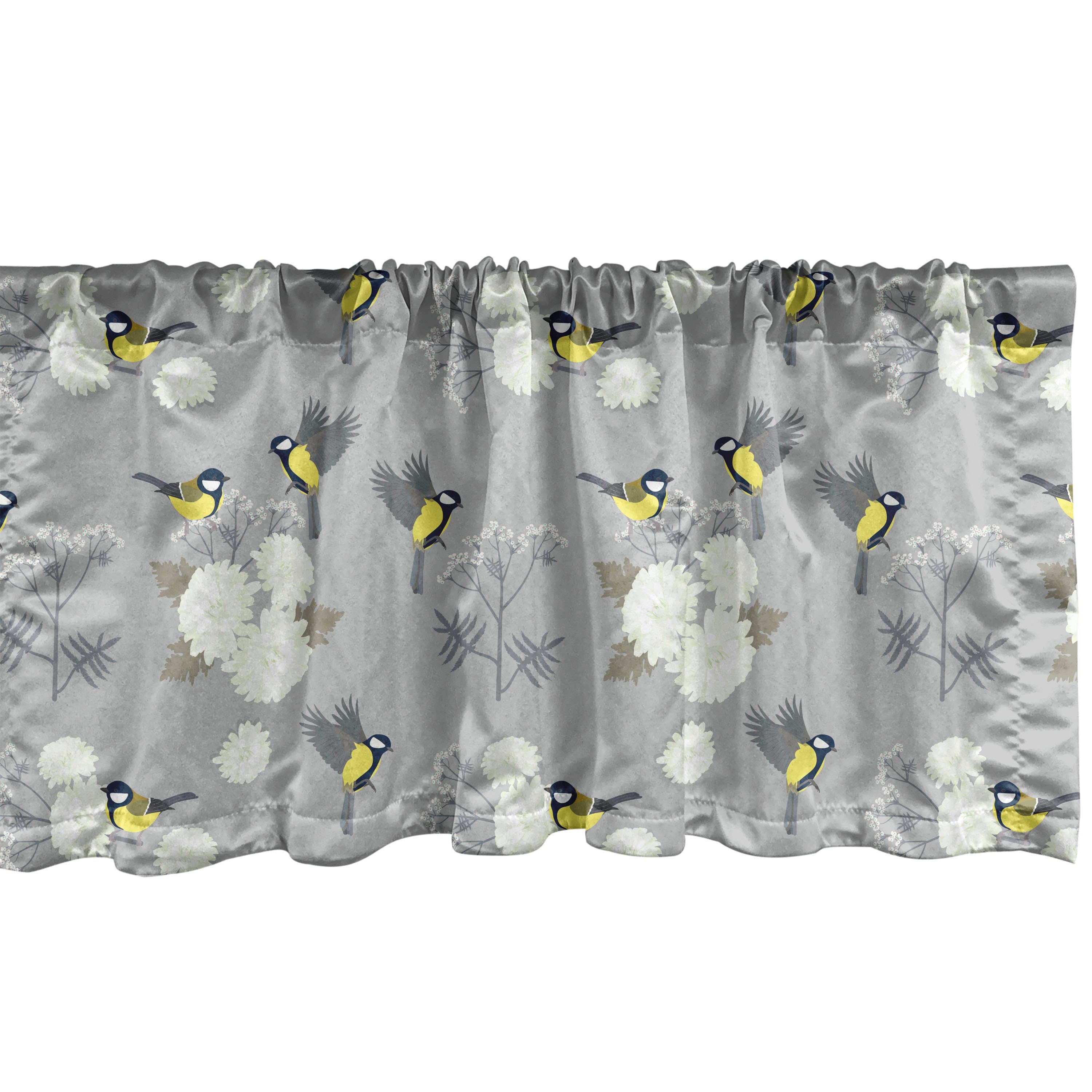 Scheibengardine Vorhang Volant für Dekor Abakuhaus, Vogel-Druck Meise Stangentasche, mit Chrysanthemen Microfaser, Küche Schlafzimmer
