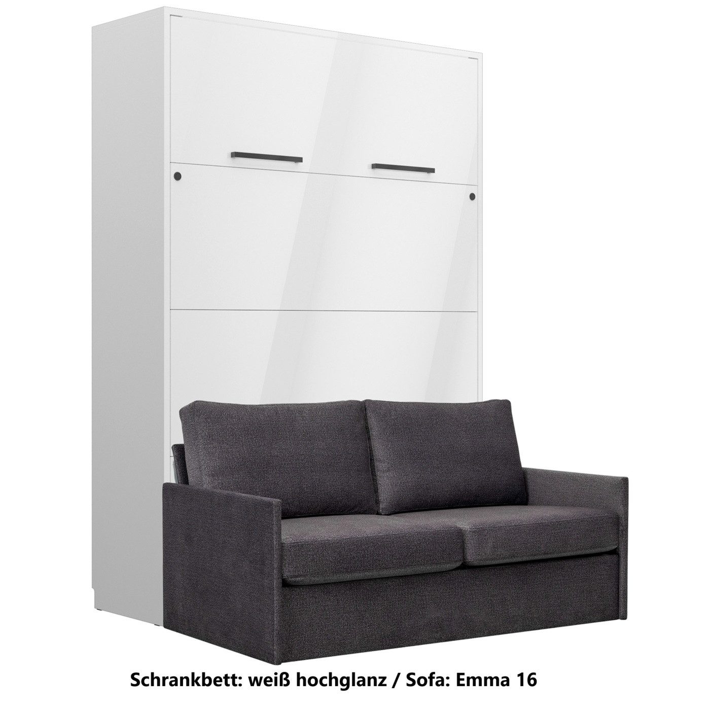 QMM TraumMöbel Schrankbett Wandbett GN 140x200 weiß hochglanz mit LED & Sofa vertikal klappbar, mit LED-Beleuchtung mit Fernbedienung