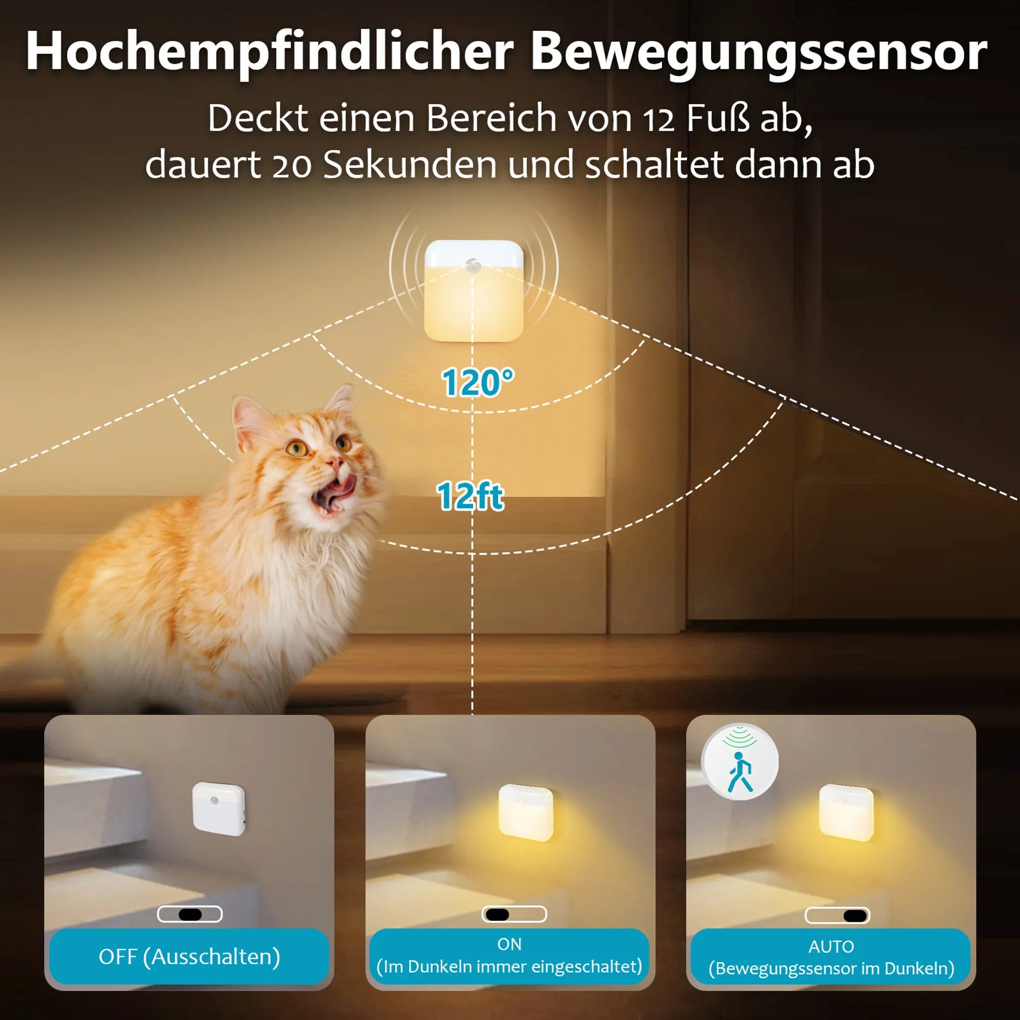 Athlix LED Nachtlicht 3er Pack Nachtlichter mit Bewegungsmelder aufladbar Warmweiß, LED fest integriert, AUTO OFF/ON-Modi, Infrarot-Bewegungssensor – Bild 3 von 5