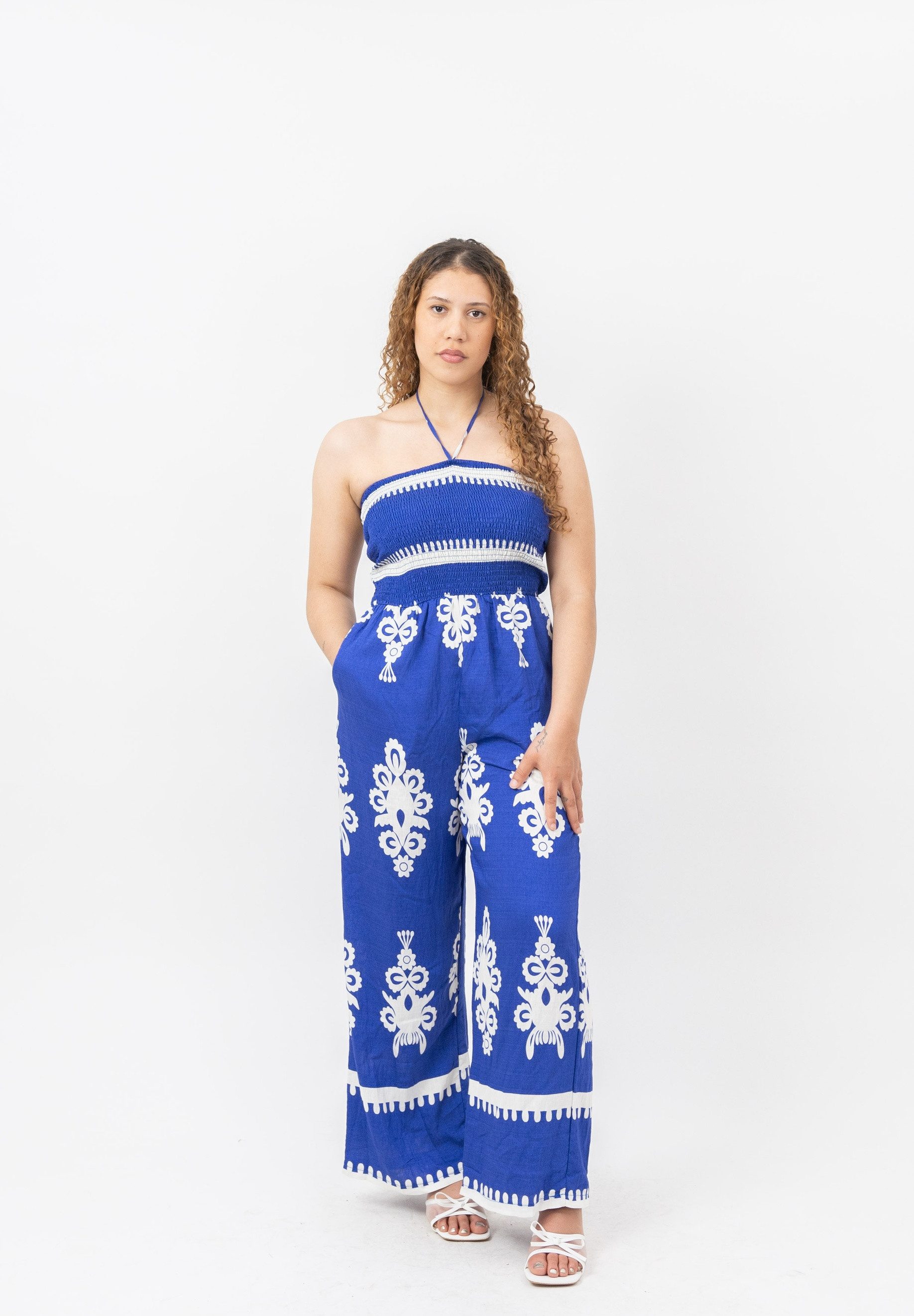 Cherry KoKo Jumpsuit Damen Overall mit Neckholder, Smok-Oberteil und weitem Bein
