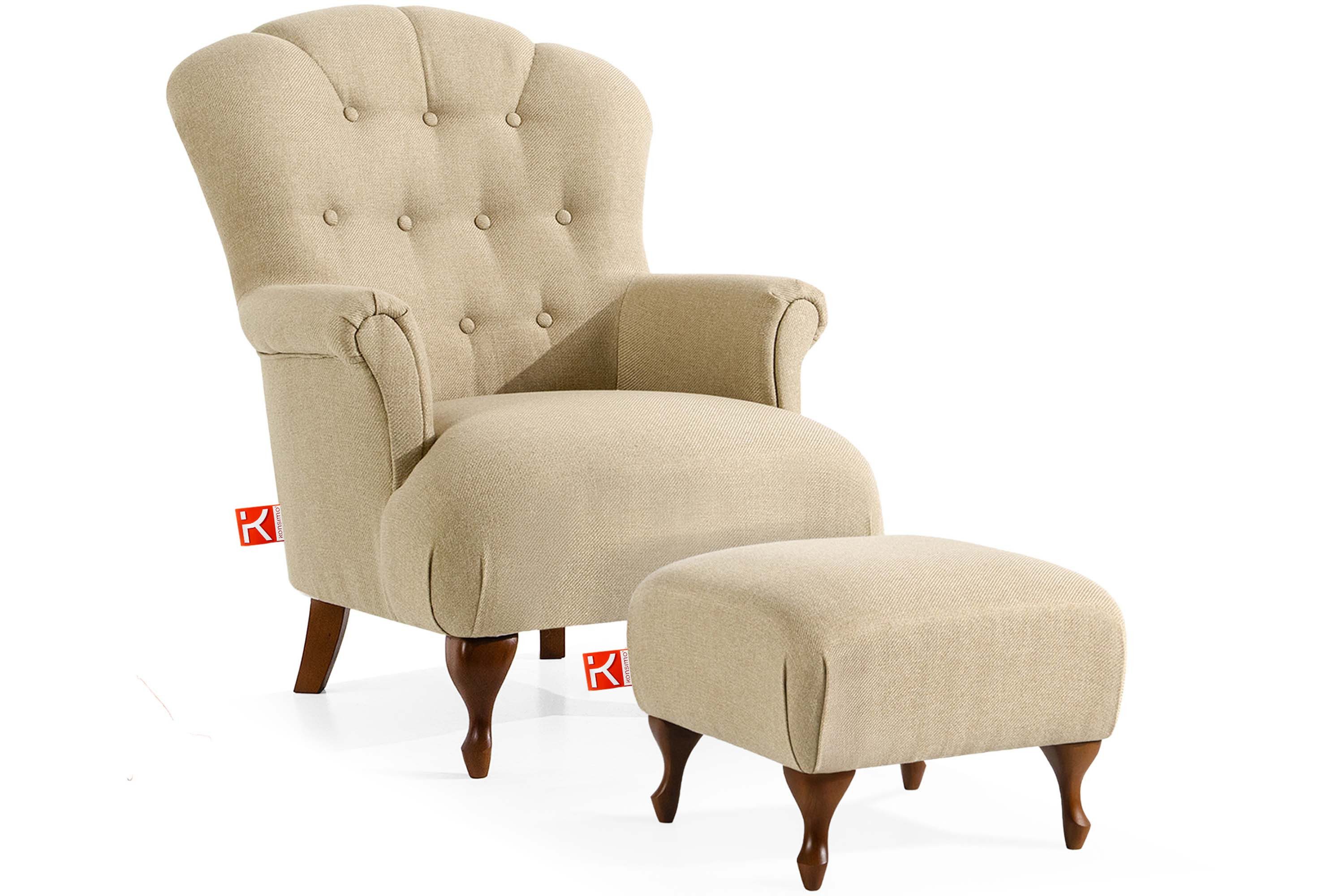 KONSIMO® Sessel TOMIS Einzelsessel mit Fußhocker, Vintage, hergestellt in der EU (2-St., 1x Sessel, 1x Fußhocker), Beine aus Massivholz, hohe Rückenlehne, tiefer und bequemer Sitz