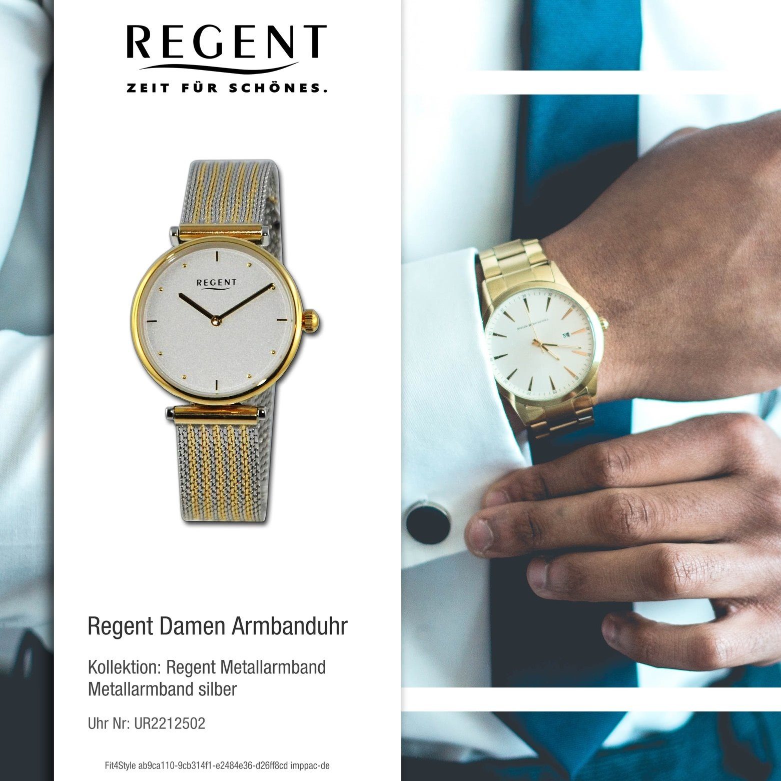 Damen 33mm), extra rund, Regent Regent Quarzuhr Analog, Metallarmband Damen Armbanduhr Armbanduhr groß (ca.