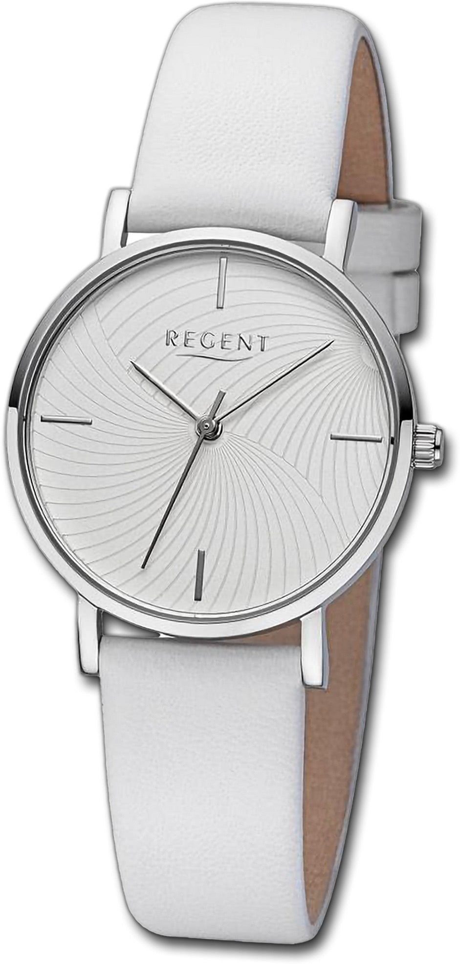 Regent Quarzuhr Regent Damen Armbanduhr Analog, Damenuhr Lederarmband weiß, rundes Gehäuse, extra groß (ca. 32mm)