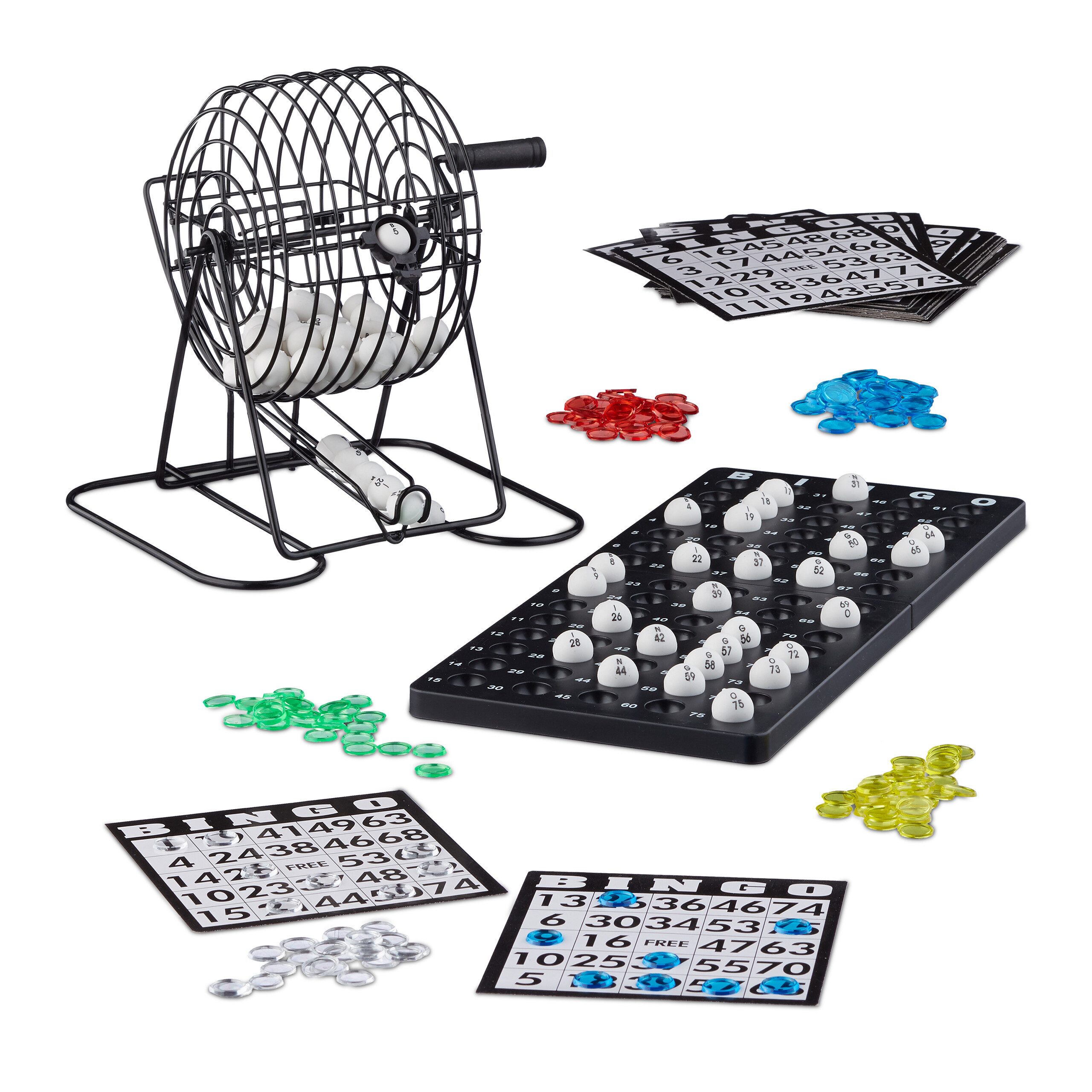 relaxdays Spielesammlung Bingospiel mit Lostrommel, Bingospiel mit Lostrommel
