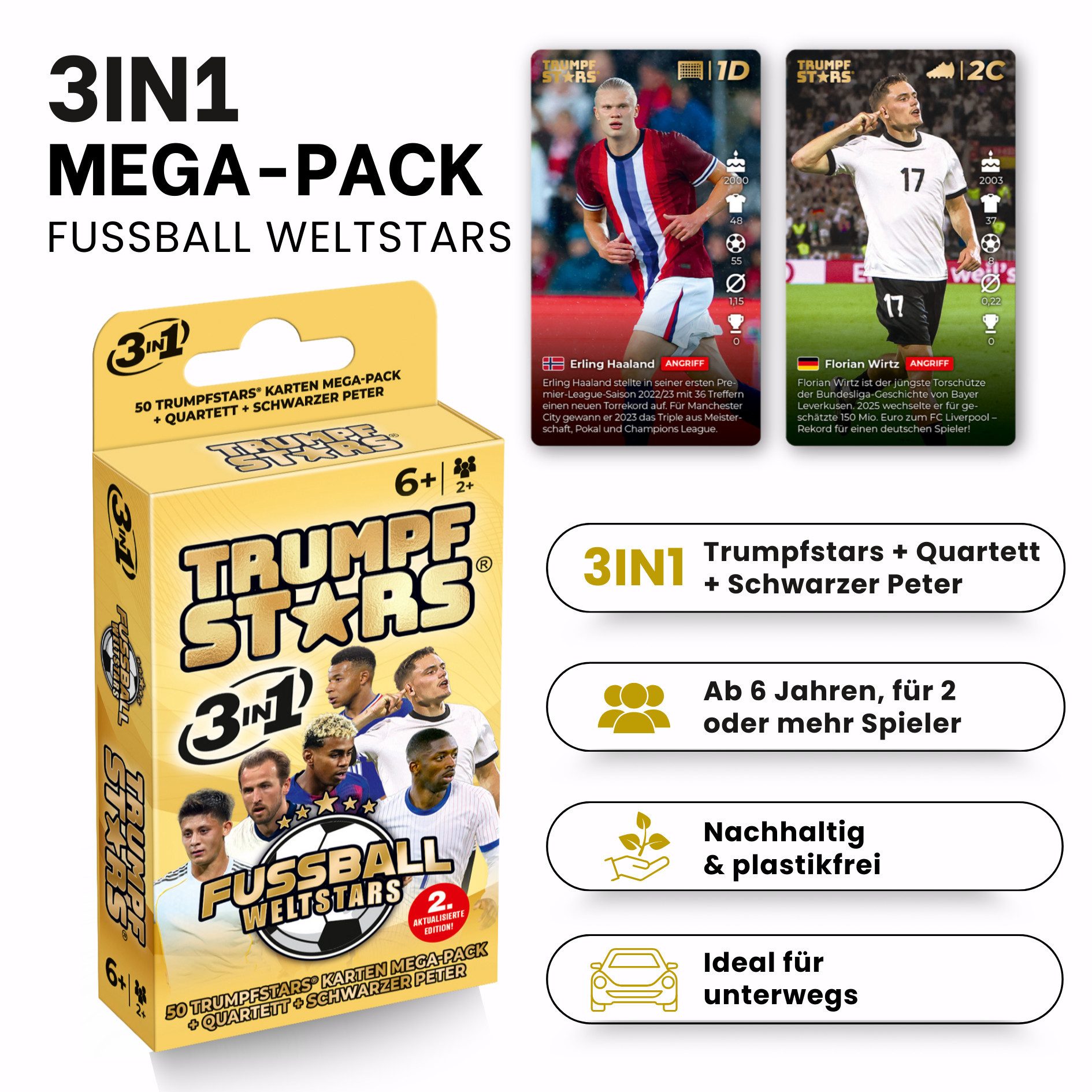 Gomazing Spiel Trumpfstars: Fussball Weltstars 3in1, Kartenspiel, Trumpfspiel, Quartett und SchwarzerPeter