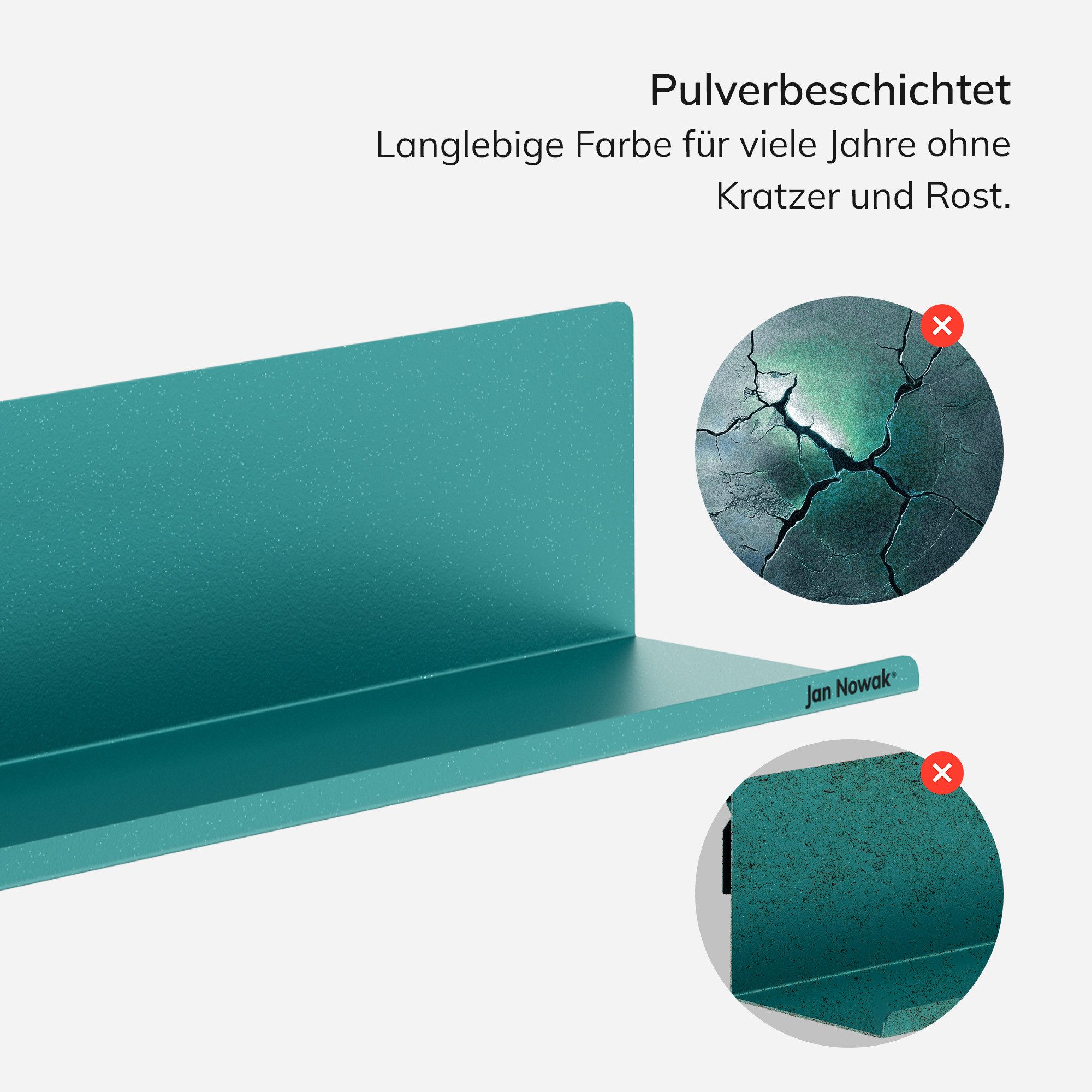Jan Nowak Wandregal Metall Hängeregal 70 cm JOANNE verstecktes Befestigungssystem, Stahl 1,1 mm kaltgewalzt pulverbeschichtet 70 x 15 x 15 cm, Hängeregal abgerundet volle Rückwand 9 Farben modular