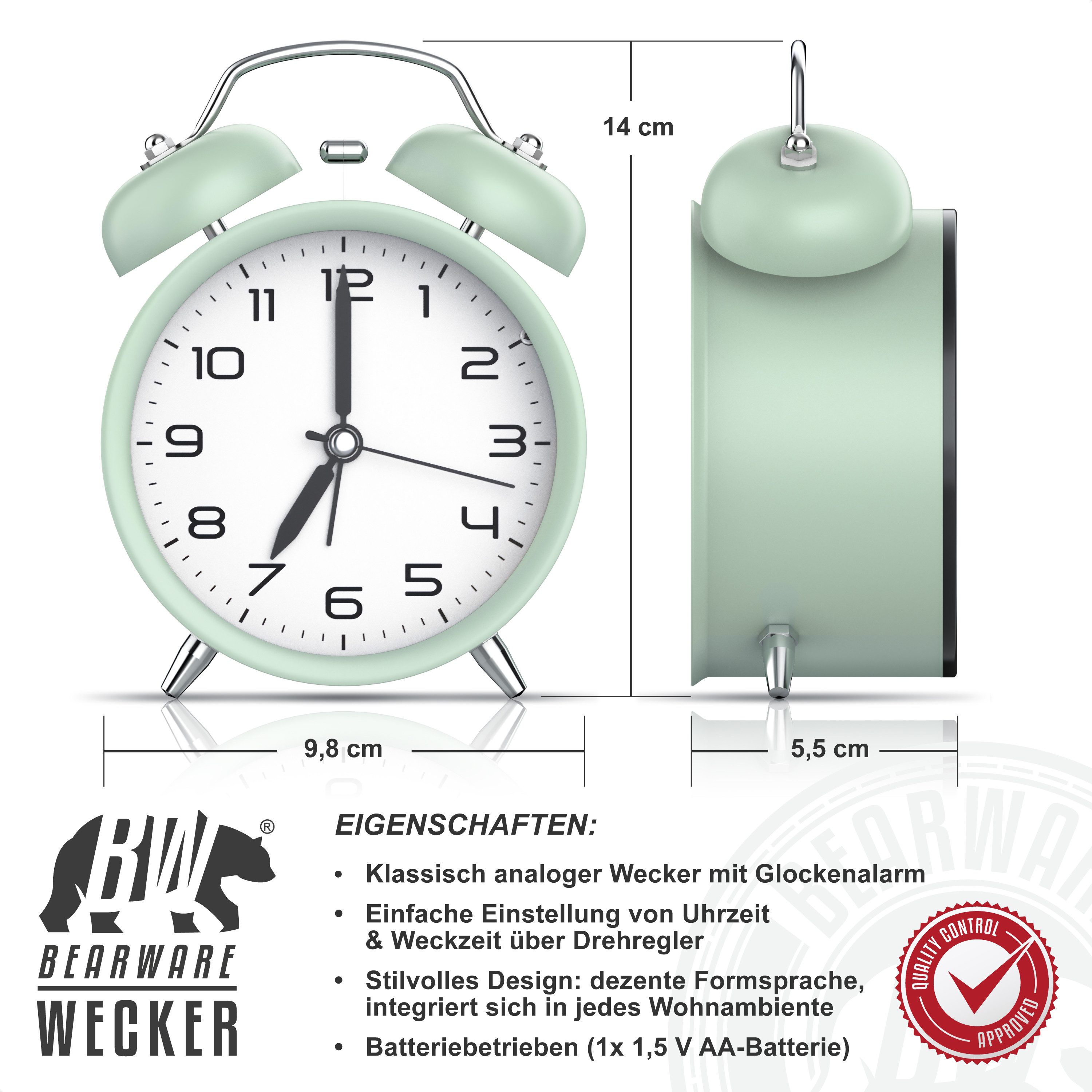BEARWARE Wecker Analog, rund, mit Licht, Retro, lauter Glockenalarm für Tiefschläfer Einfache Bedienung, weiße Tafel, Beleuchtet, ohne Ticken, Vintage