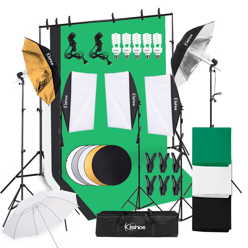 Bellavio Falthintergrund Fotostudio Set, Greenscreen (3mx1,6m), LED Lampen (50W und 45W, 5500K)