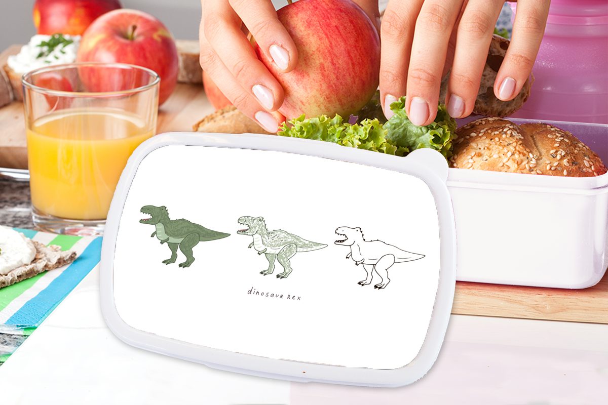MuchoWow Lunchbox Kinder, Jungs Kunststoff, - und - Erwachsene, für Kinder (2-tlg), - weiß Dinosaurier für Brotdose, Tyrannosaurus Brotbox - und Mädchen Kinderzimmer Mädchen Jungen 