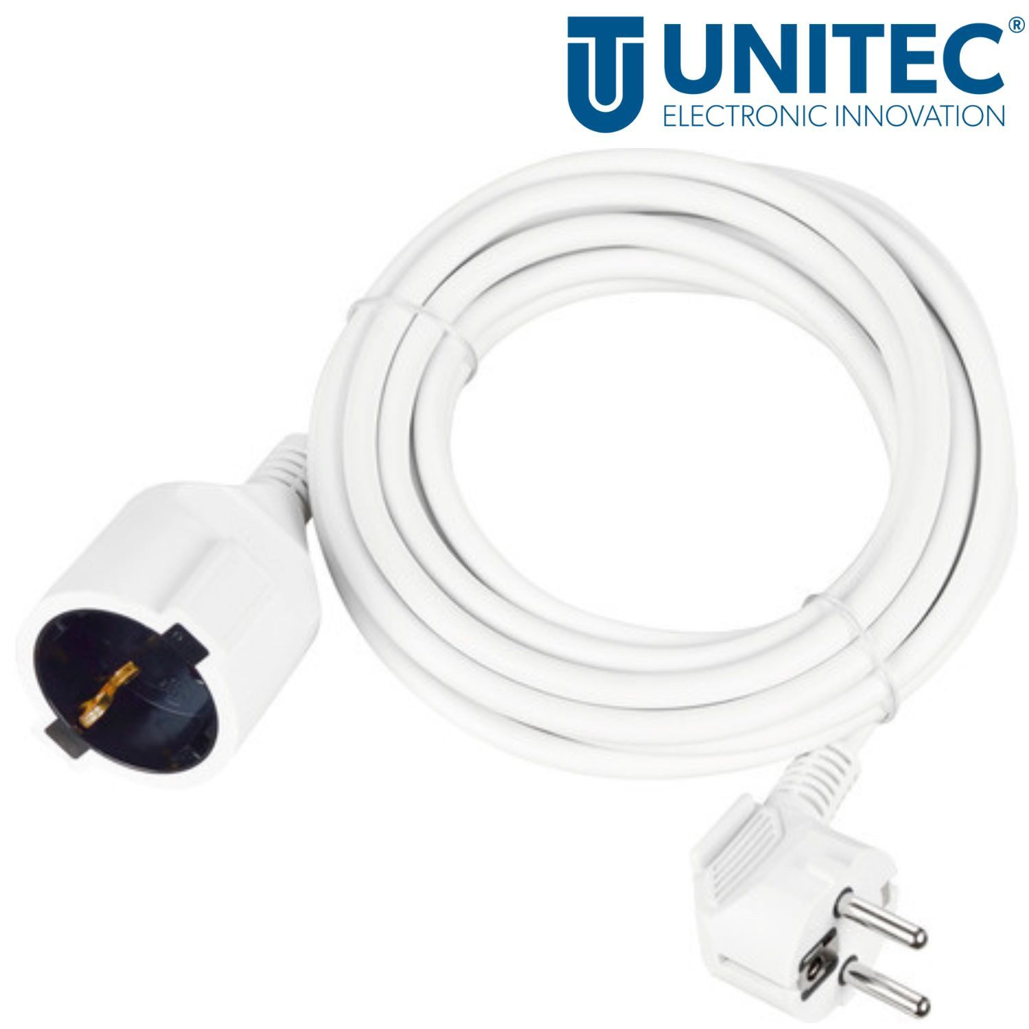 UNITEC Schuko Verlängerungskabel 5m Weiß IP20 Innen Steckdosenverteiler 1-fach (5m Kabel, IP20, Schutzkontaktkupplung, Schutzkontaktstecker, Kabellänge 5 m), Strom-Verlängerung Stromkabel Kabel Schuko-Stecker Schuko-Kupplung