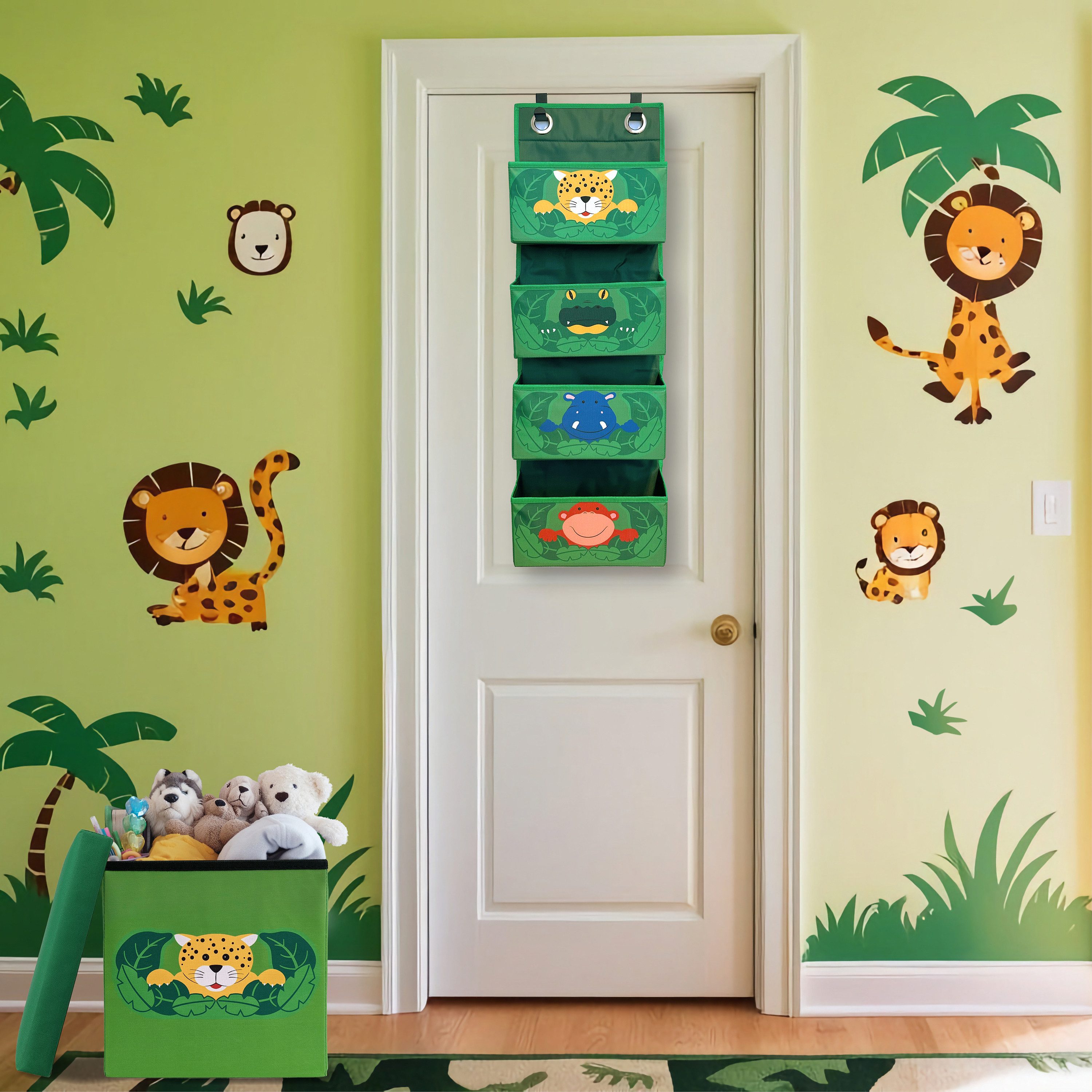 WIESEN.design Hängeaufbewahrung Hängeorganizer Kinder DSCHUNGEL mit passenden Türhaken (Wickelorganizer, Hängeregal Kinderzimmer, Kuscheltieraufbewahrung, Stofftier Aufbewahrung Kuscheltiere, Türorganizer Kinder), gratis Versand