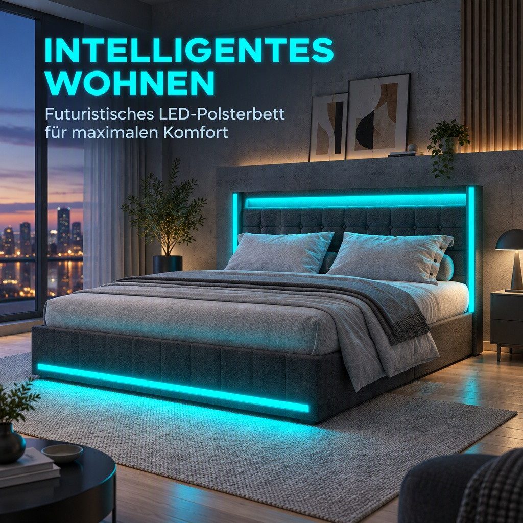 PXloue Polsterbett LED-Bett mit Stauraum und Ladeanschluss (Geeignet für Jugendliche und Erwachsene), Fernbedienung für LED-Farben und sicheres Leinenmaterial 1 – Bild 2 von 5