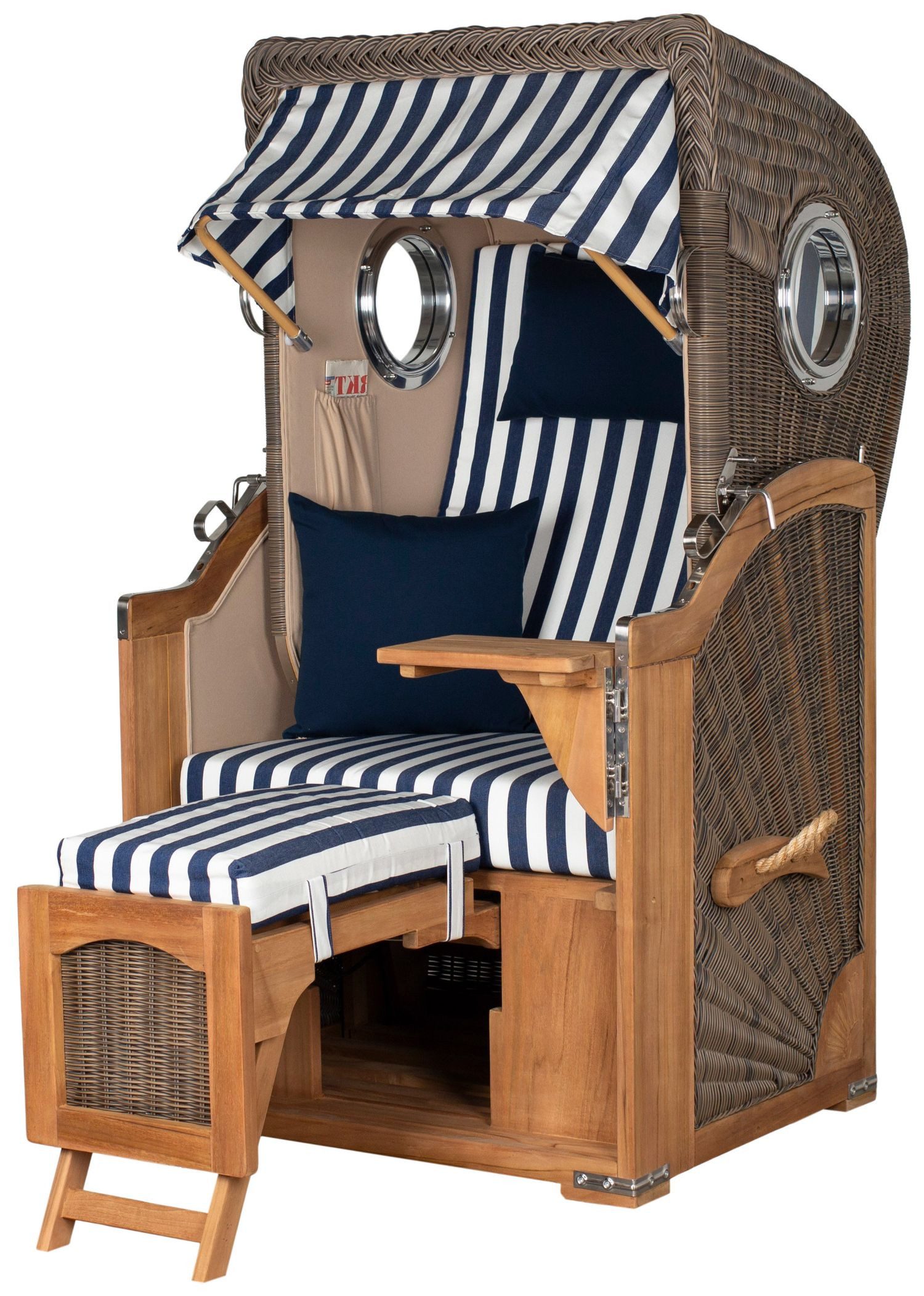 bene living Strandkorb Ammersee 1-Sitzer Teak - PE grau - Modell 518, BxTxH: 96x80x165 cm, Volllieger ca. 175 Grad, Ostsee-Strandkorb Komplettset, Liftersystem, Windschutzfolie, Bullaugen, bequeme Polsterung