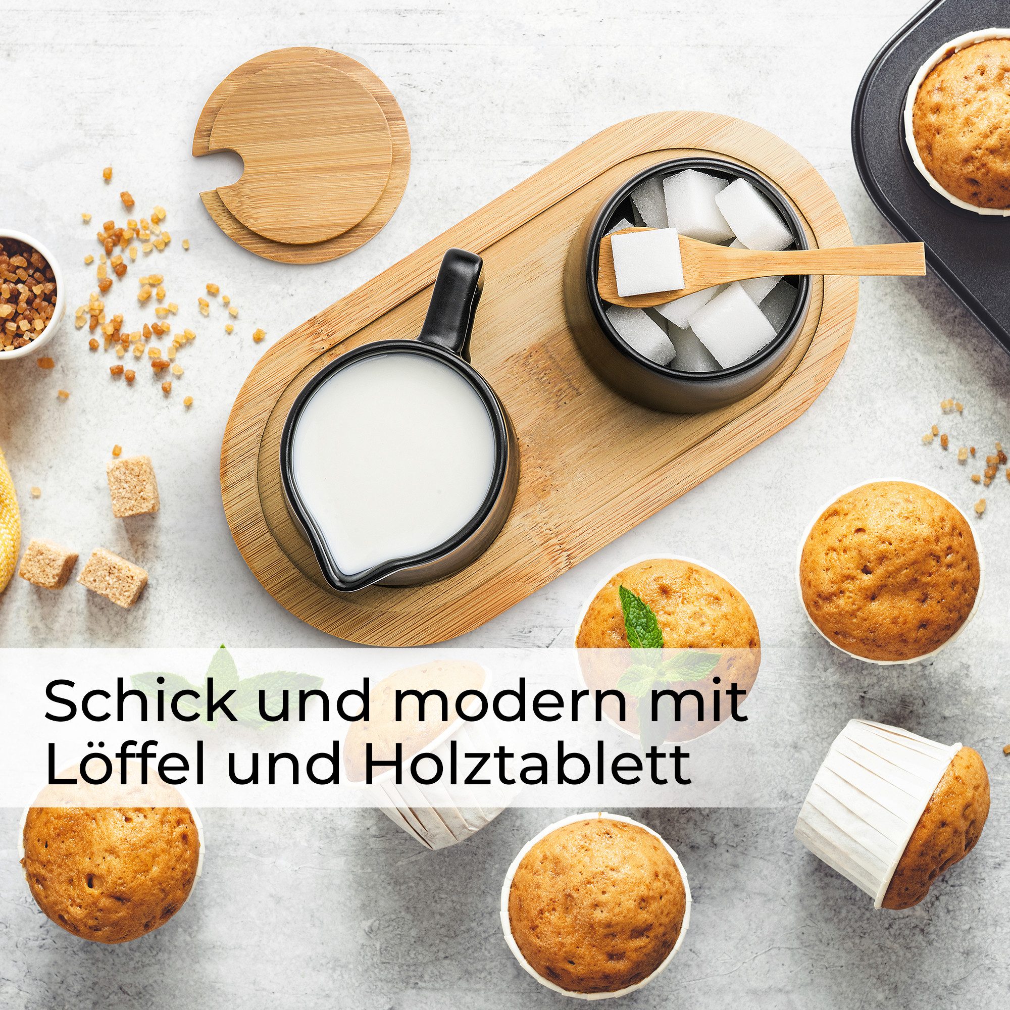 MiaMio Milch- und Zuckerset mit Bambustablett, Deckel und Löffel, Schwarz (5-tlg), Keramik, Zuckerdose 200 ml, Milchkännchen 240 ml, mit Bambustablett