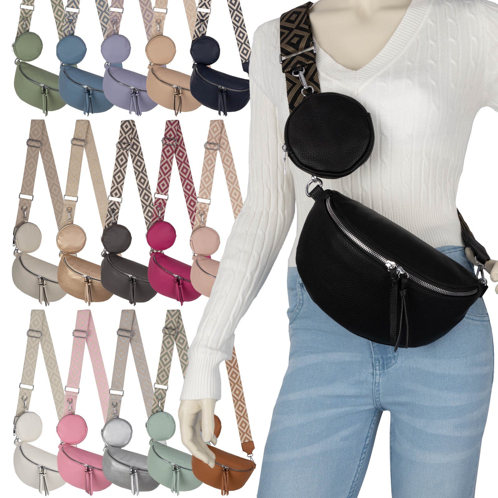 EAAKIE Gürteltasche Bauchtasche Umhängetasche Crossbody-Bag Kunstleder Italy-Design, als Schultertasche, CrossOver, Umhängetasche tragbar