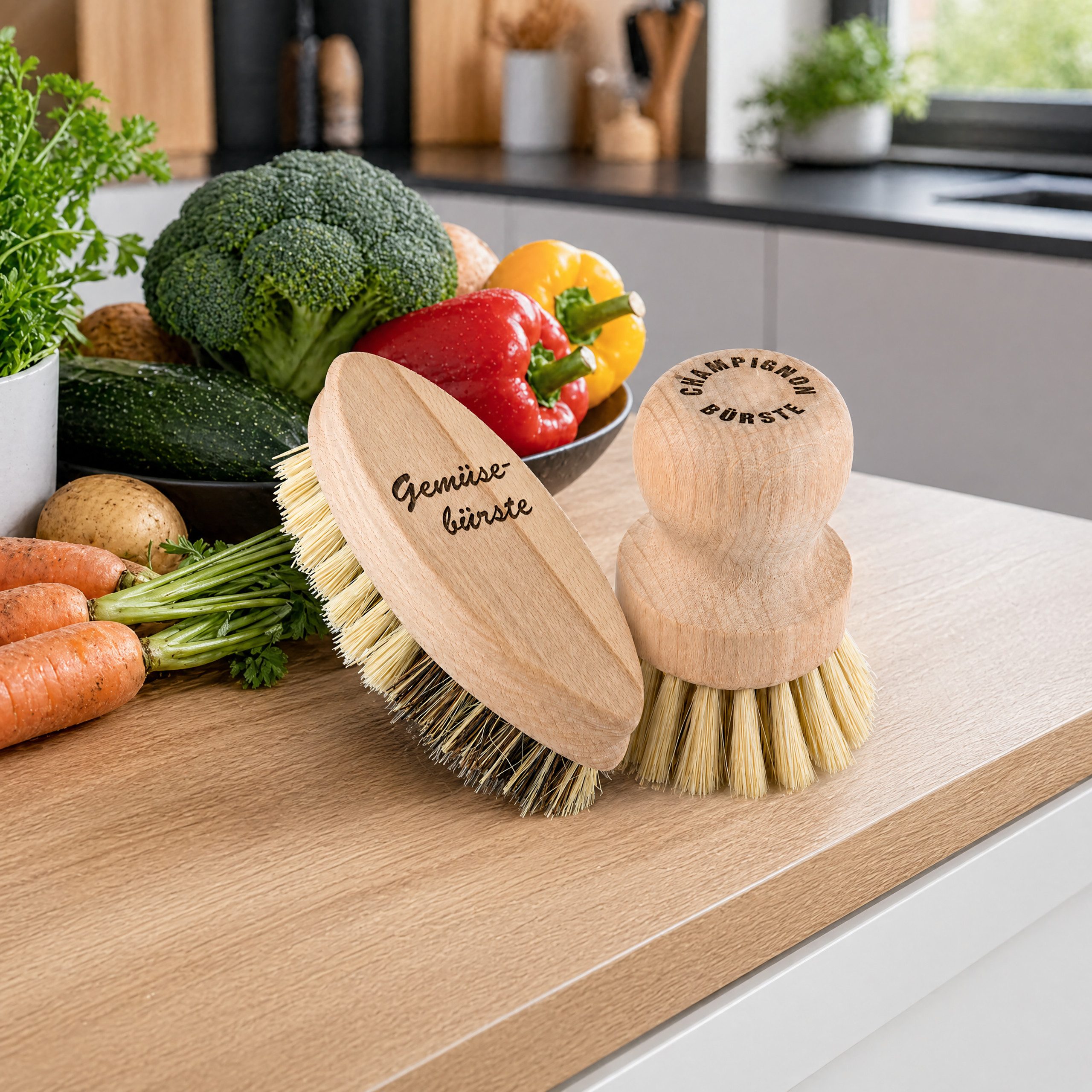 Lantelme Reinigungsbürsten-Set Obst Gemüse Champignonbürsten Gemüsebürste Obstbürste, Gemüse, Pilze, Obst, Karotten, Kartoffel, (2-tlg), Bürste aus Holz und Nat – Bild 4 von 5