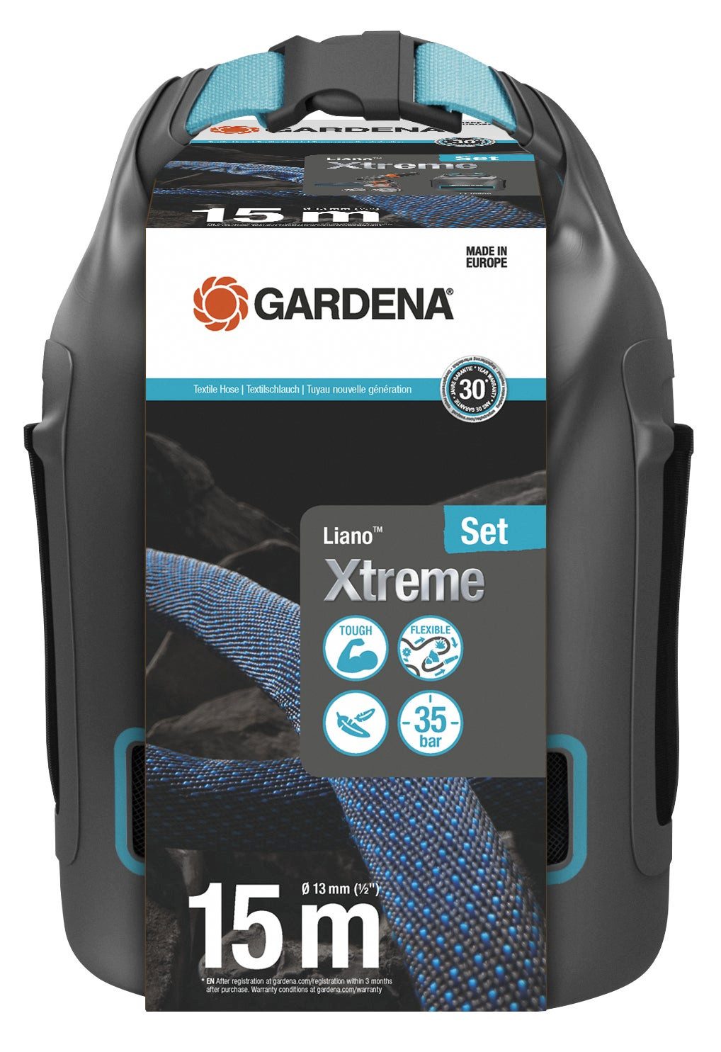 GARDENA Gartenschlauch Textil Liano™ Xtreme 15 m Set mit Aufbewahrungstasche, bis zu 50 % leichter als herkömmliche PVC-Schläuche