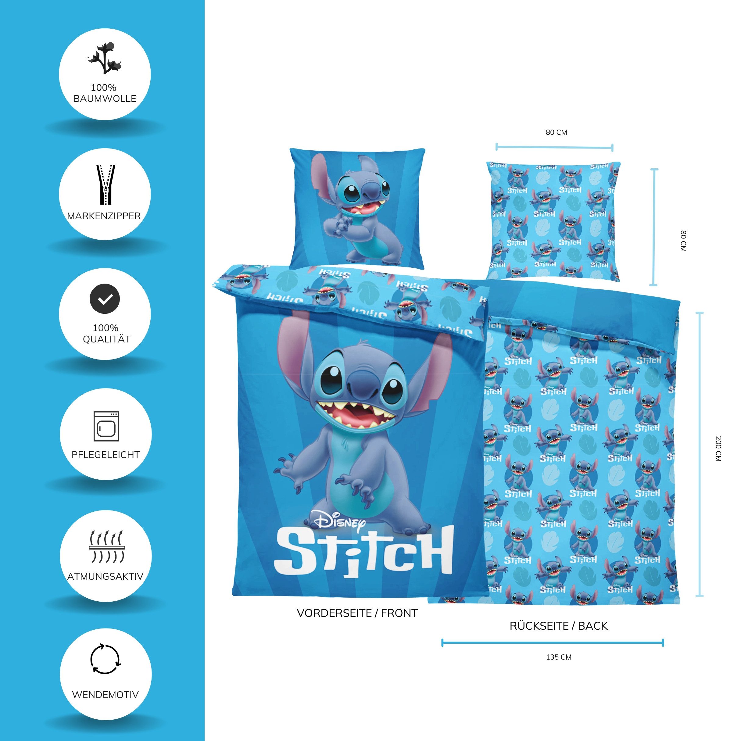 MTOnlinehandel Kinderbettwäsche Disney Lilo & Stitch „Dance“ 135x200 + 80x80 cm in Renforcé, 100% Baumwolle, 2 teilig, Kräftige Blautöne und modernes Stitch Des – Bild 4 von 5